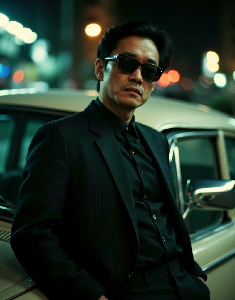 cinematography, realistic, retro, film grain, Wong Kar-Wai, dark lighting, solo, a middle age man in black suit and black sunglasses, stern expression, hand in pocket, he leaning against a car, blurry, bokeh