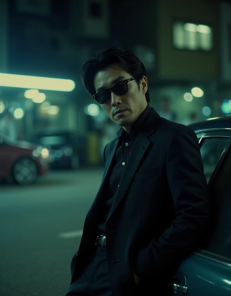 cinematography, realistic, retro, film grain, Wong Kar-Wai, dark lighting, solo, a middle age man in black suit and black sunglasses, stern expression, hand in pocket, he leaning against a car, blurry, bokeh