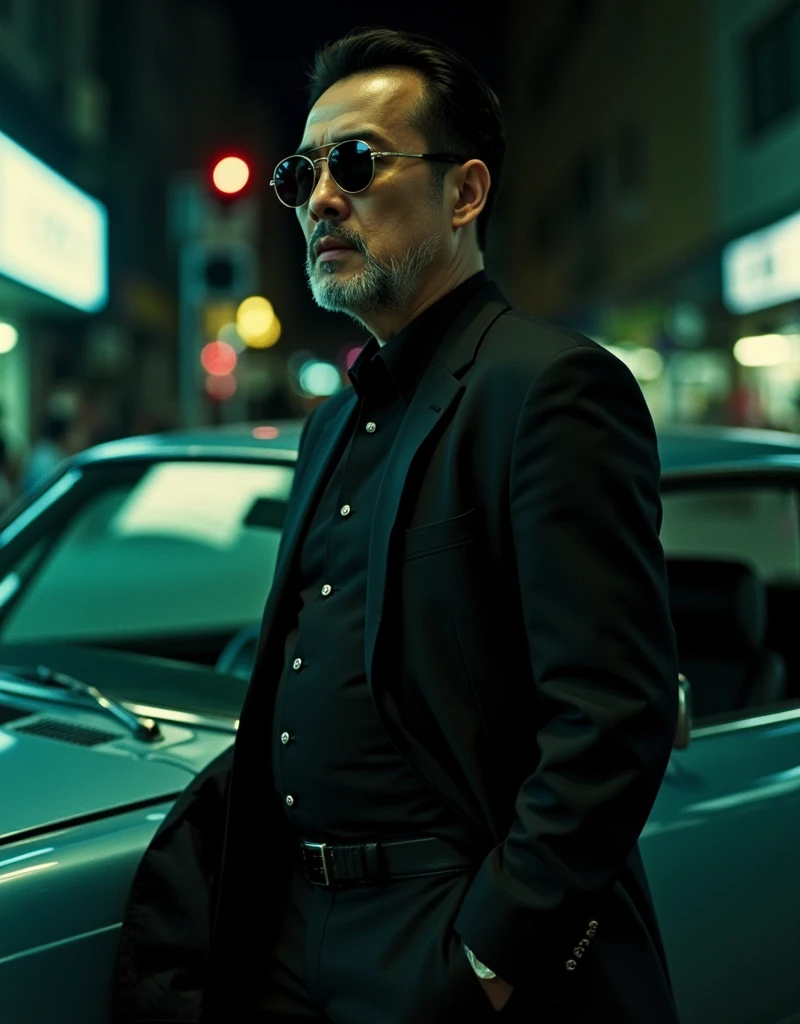 cinematography, realistic, retro, film grain, Wong Kar-Wai, dark lighting, solo, a middle age man in black suit and black sunglasses, stern expression, hand in pocket, he leaning against a car, blurry, bokeh