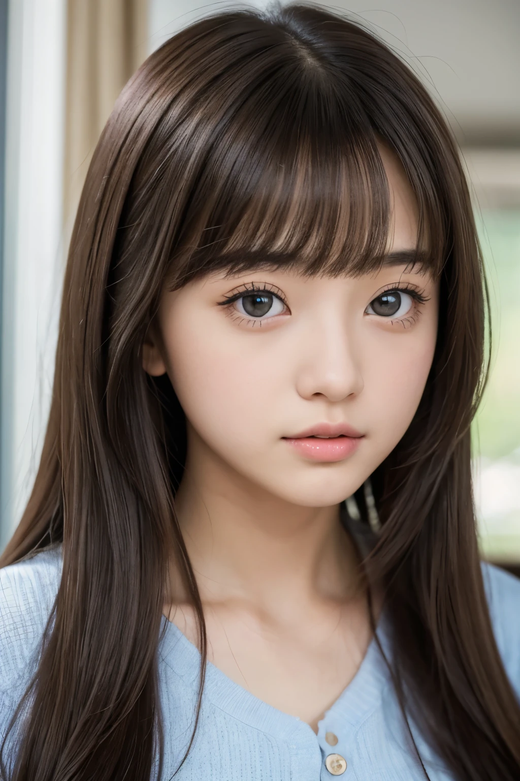 Best Quality,masterpiece,Very detailed、High resolution, Very detailed, Best Qualityのポートレート写真,Teen,Age 15,High school girl,Idol,beautiful girl, Long Hair, straight, With bangs, Black Hair,cute, cute, cute日本人女性、Very delicate and beautiful face, Big Eyes, Wide eyes, Looking at this, one&#39;s home, indoor,Simple wall background,Woodgrain wall,Fair-skinned girl, kind,Junior high school students,Winter clothes,Long sleeve, Loungewear, blue,green,cute恋人, Nipples, 18 years old,Adorable , 美しいJunior high school students, Big Eyes, 美しいHigh school girl, Selfie, Personal photo shoot,Selfieの角度,Women&#39;s Room,Idol, はにかむHigh school girl（Hmmmm）,She smiles happily at me, Natural Hair, heart