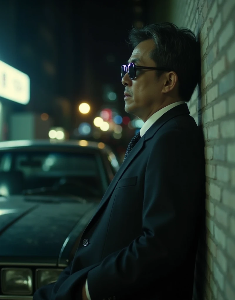 cinematography, realistic, retro, film grain, Wong Kar-Wai, dark lighting, solo, a middle age man in black suit and black sunglasses, stern expression, hand in pocket, he leaning against a car, blurry, bokeh