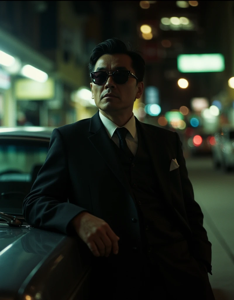 cinematography, realistic, retro, film grain, Wong Kar-Wai, dark lighting, solo, a middle age man in black suit and black sunglasses, stern expression, hand in pocket, he leaning against a car, blurry, bokeh