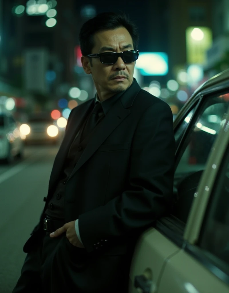 cinematography, realistic, retro, film grain, Wong Kar-Wai, dark lighting, solo, a middle age man in black suit and black sunglasses, stern expression, hand in pocket, he leaning against a car, blurry, bokeh