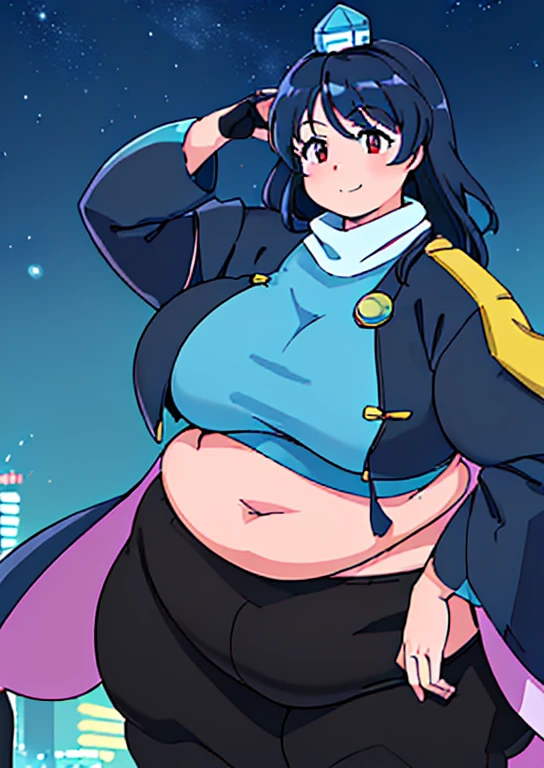 ((best quality, 4k, 8k, anime girl, masterpiece)), ((((beautiful extremely detailed face)))), ((beautiful eyes)), ((hard skin)), cinematic lighting, ((perfect anatomy)), (((chubby, SSBBW, tall, small face, big belly, (round belly), (((extremely wide waist, extremely wide breasts))), skinny arms, thick legs, huge breasts))), (full body view), ((thick outlines, anime style, neon colours)), (((megumu izunamaru))), (((fully clothed, white scarf, blue jacket, black pants, black cape))), (((long dark blue hair, bangs, tokin hat))), sharp smile, (city lights, starry sky), (((dignified pose))),