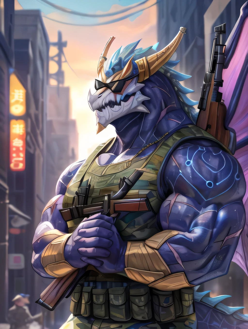 (dragon), Two colors, Scars on the face, Wearing sunglasses,Necklace hanging around the neck,(muscular body:1.3), Scars on the face, Handsome, OK,(Scars on the face), On the Street,(Express),(City background),(Scars on the face:1.2),Look at the screen,(dragon horn),(dragon tail),Perfect masterpiece,(16k),Casual Wear,Solitary,((Strong)),,(Fingers crossed),(dick:1.2),Perfect proportions,forward,Fingers crossed,sweat,(Fingers crossed:1.5),(handheld:1.3),(Fierce expression:1.2),(Imagine:1.5),(with rifle in hands:1.8),Strong,muscle,with dragon wings,more details,CG,(dragon), trunk,((handheld)), (Bulletproof vest)),Serious expression