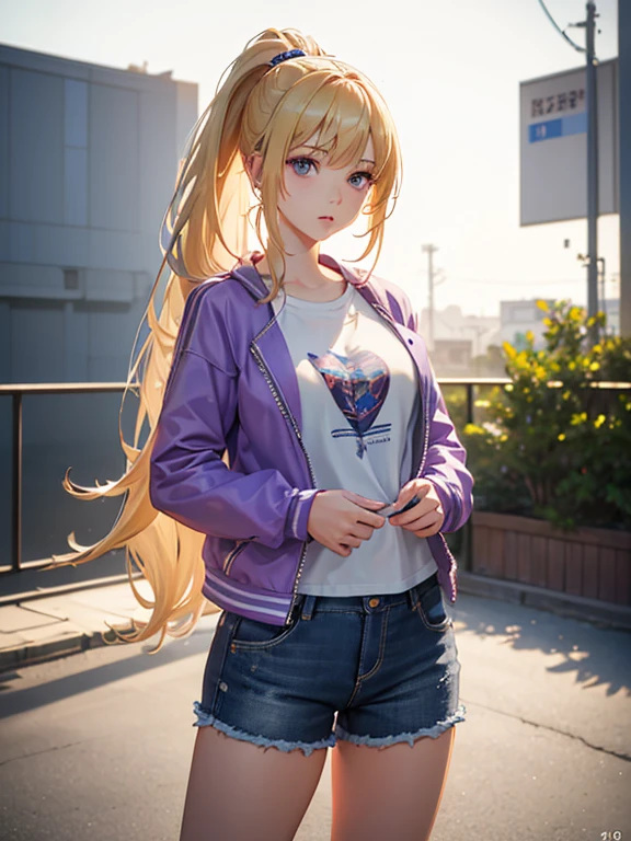 photorealistic of young age female on city avenue, she looking at viewer and smiling, she wears black choker, denim jacket, white t-shirt and denim pencil mini skirt, (1girl, solo, full body), (masterpiece, best quality)