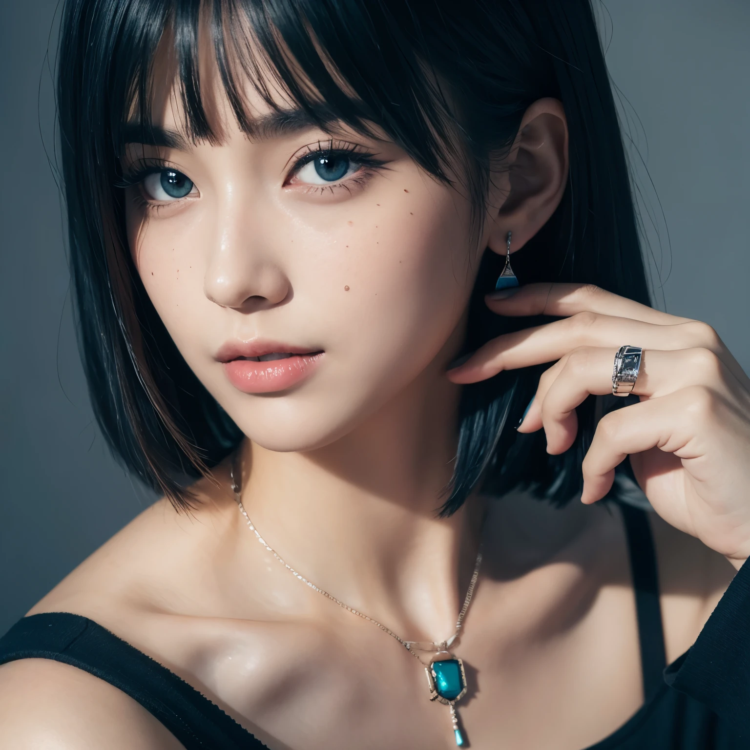 masterpiece, Best quality,3d rendering work ,3dMM Style,close up,portrait, 3d,1 Girl, Solitary, Colorful hair, Blue Hair, Black Hair, necklace, freckle, Jewelry, Two-tone hair, Look to one side, Practical, Upper body, Simple background, Bangs, Looking elsewhere, Short hair, parted Lips, Dark Eyes, Lips, Gothic, Necklace, cosmetic, mole, black shirt, shirt, Watermark