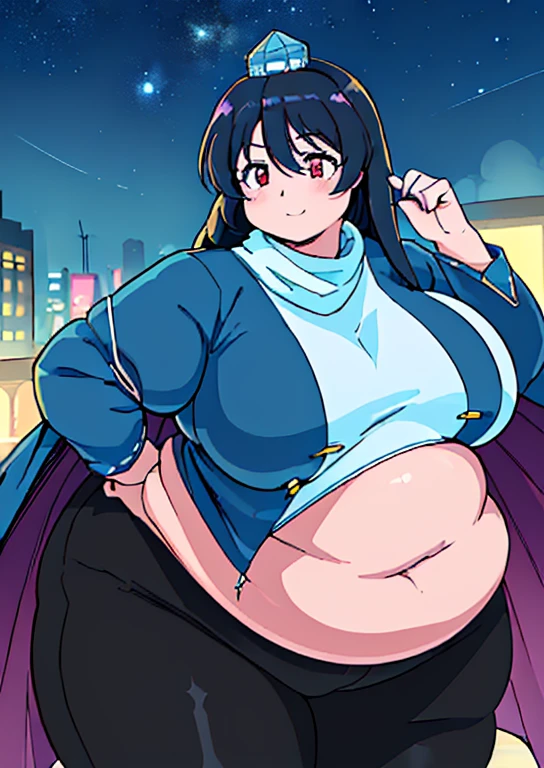 ((best quality, 4k, 8k, anime girl, masterpiece)), ((((beautiful extremely detailed face)))), ((beautiful eyes)), ((hard skin)), cinematic lighting, ((perfect anatomy)), (((chubby, SSBBW, tall, small face, big belly, (round belly), (((extremely wide waist, extremely wide breasts))), skinny arms, thick legs, huge breasts))), (full body view), ((thick outlines, anime style, neon colours)), (((megumu izunamaru))), (((fully clothed, white scarf, blue jacket, black pants, black cape))), (((long dark blue hair, bangs, tokin hat))), sharp smile, (city lights, starry sky), (((dignified pose))),