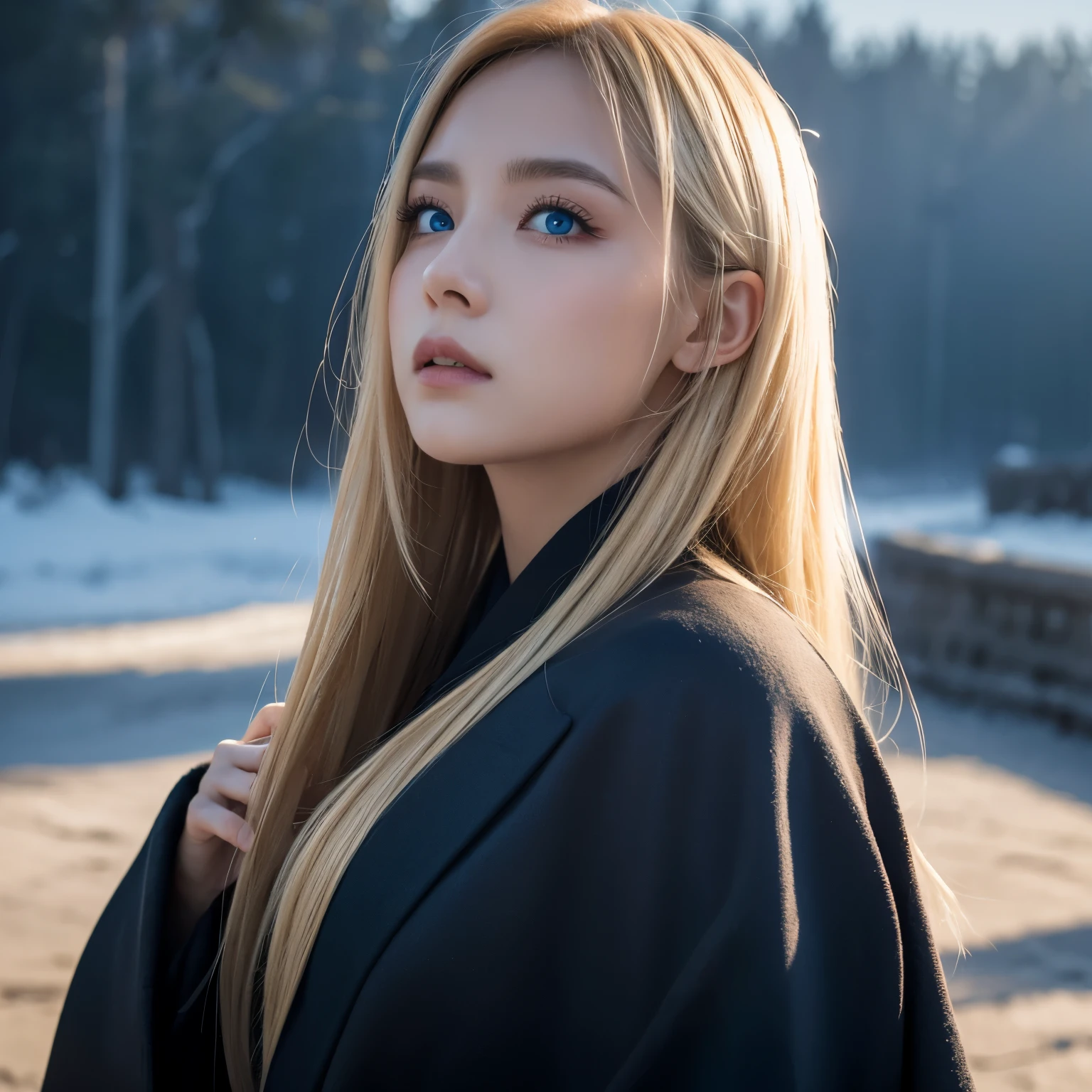 (Extremely detailed CG unity 8k wallpaper,masterpiece, Best quality, Super detailed),(Optimal lighting, The best shadow, Extremely delicate and beautiful),Floating,High Saturation,blond+Blue Eyes:1.2,Gloomy Gothic Landscape, Long hair, Staring into the distance. (A beautiful girl，长着blond，闪闪发光的Blue Eyes哥特式灯光)