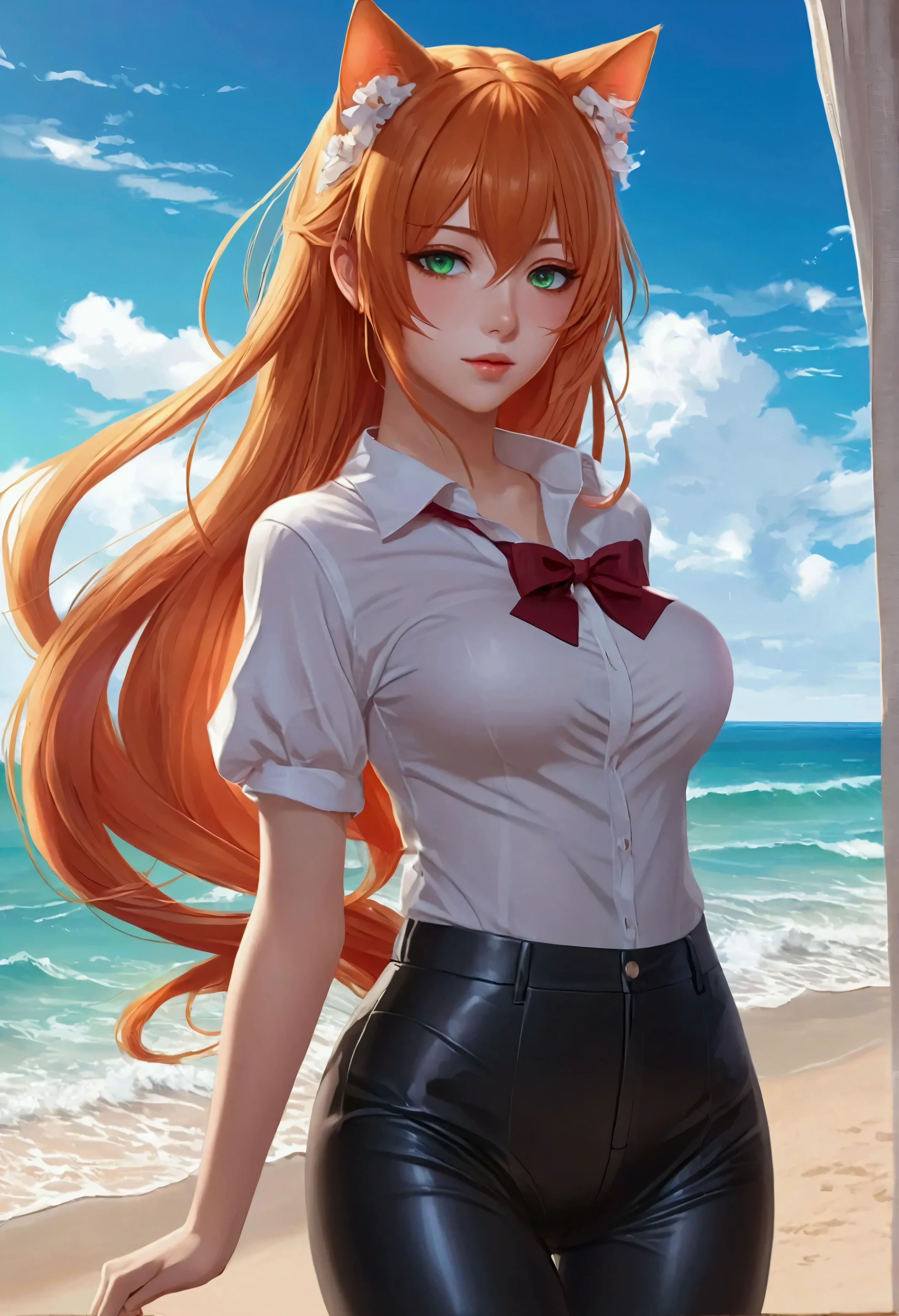 anime girl with long orange hair standing on beach near ocean, green eyes detailed digital anime art, cat ears, , anime girl with long hair, smooth anime cg art, anime girl with long hair, average breast size, digital anime art, artwork in the style of guweiz, beautiful anime portrait, photorealistic anime girl render, Shiny rubber pants, beautiful anime girl, advanced digital anime art, pantyhose, guweiz on artstation pixiv upscale HD UHD HQ