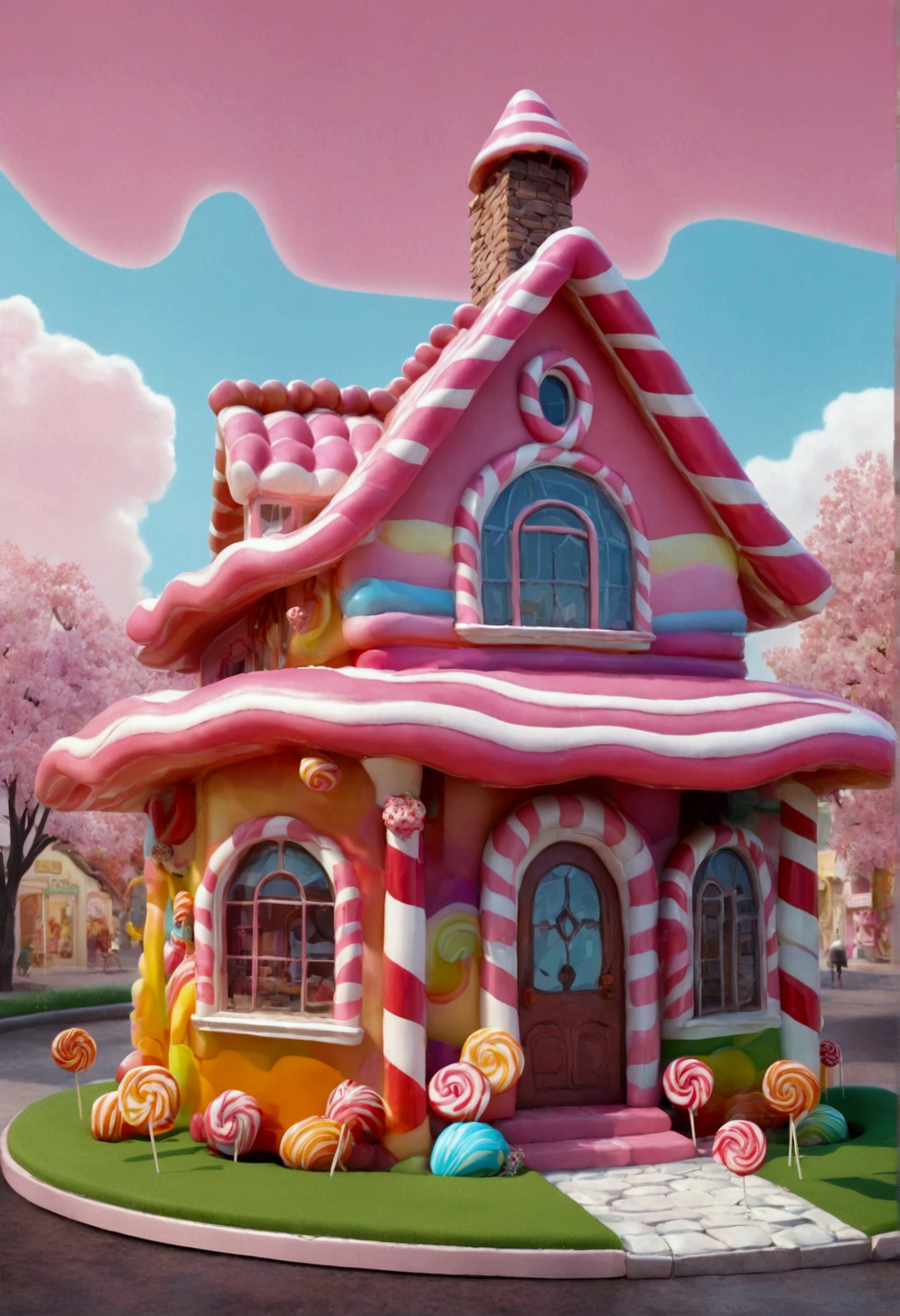 A high-resolution, realistic candy house-like building. A design that makes people want to eat it.