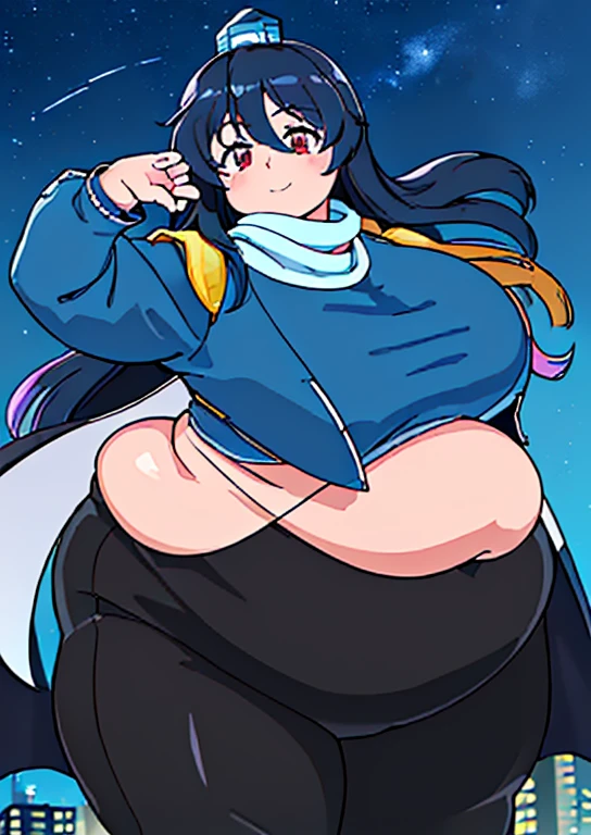 ((best quality, 4k, 8k, anime girl, masterpiece)), ((((beautiful extremely detailed face)))), ((beautiful eyes)), ((hard skin)), cinematic lighting, ((perfect anatomy)), (((chubby, SSBBW, tall, big belly, round belly, (((extremely wide waist, extremely wide breasts))), skinny arms, thick legs, huge breasts))), (full body view), ((thick outlines, anime style, neon colours)), (((megumu izunamaru))), (((fully clothed, white scarf, blue jacket, black pants, black cape))), (((long dark blue hair, bangs, tokin hat))), sharp smile, (city lights, starry sky), (((dignified pose))),