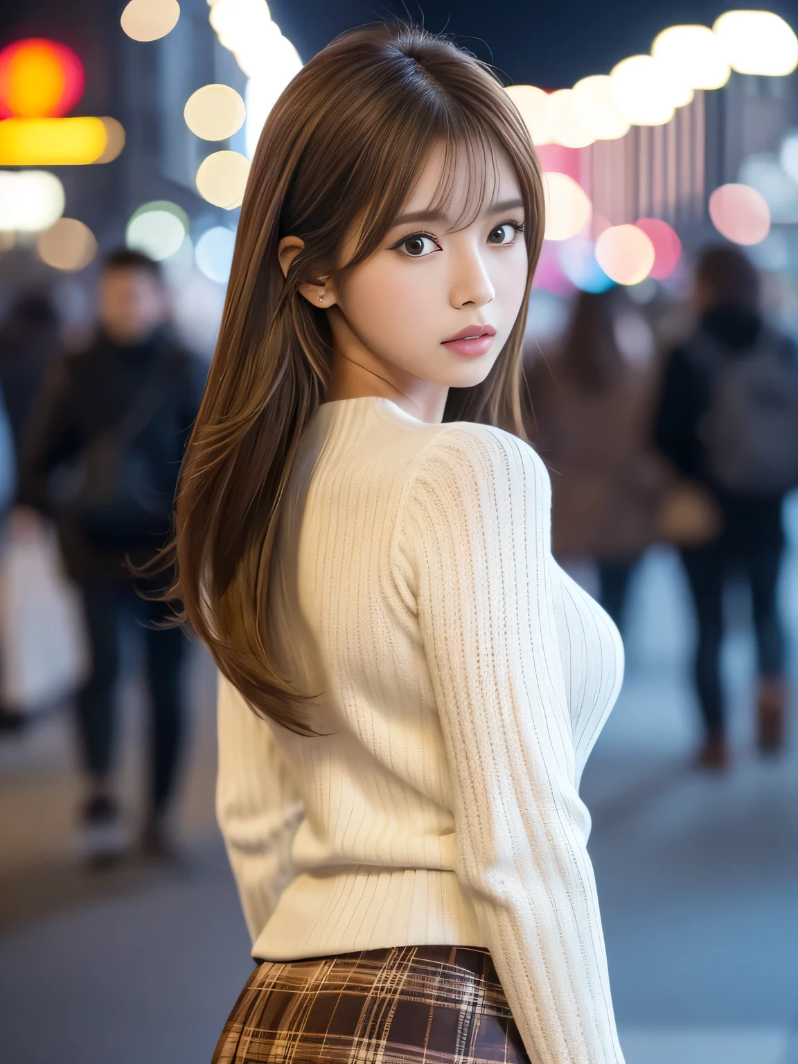 best quality, ultra-detailed, intricately detailed hyperdetailed, realistic, sharp features, highly detailed, sharp focus, Realistic, Photorealistic:1.2, modern and sophisticated masterpiece, (20yo:1.2), hyper pretty face, perfect face, perfect symmetrically eyes, perfect full lips, hyper detailed, hyper realistic, high resolution, accurate anatomy, Pretty Kpop Idol, Slender, Beautiful Face, light brown hair, Beautiful hairstyle, (tight-fitting white sweater:1.2, V-neck knit), (mini plaid skirt), (cowboy shot), nighttime, blurred background,