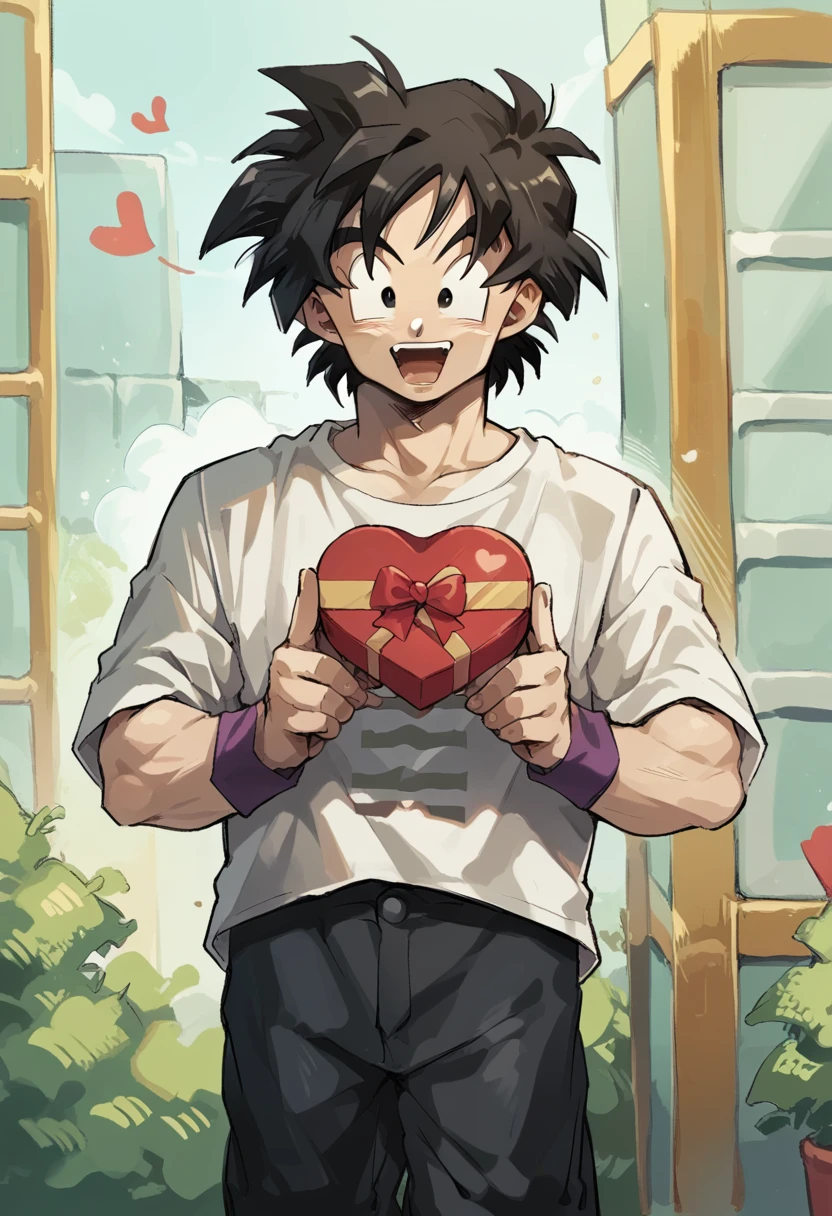 Happy boy with a heart-shaped box of chocolates. The boy has messy black hair and black eyes. He is muscular. He looks like Goten from Dragon Ball and is wearing a white t-shirt and black pants.
