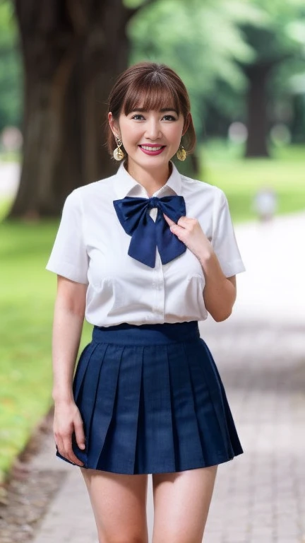 Japanese Mature,60 years old,White skin,(plump,Large Breasts,Emphasizes plump thighs:1.2),(JP SCHOOL UNIFORM, Ultra short pleated micro mini skirt,Short socks,Wearing loafers,earrings:1.2),(Standing in the park,Full body shot from head to toe:1.2),full body,looking at viewer,smile,surrealism, depth of field, from below, Sony FE, 8k, nsfw