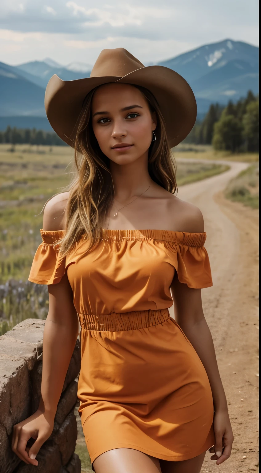Blonde Swedish woman wearing an orange summer dress in a summer environment right before sunset