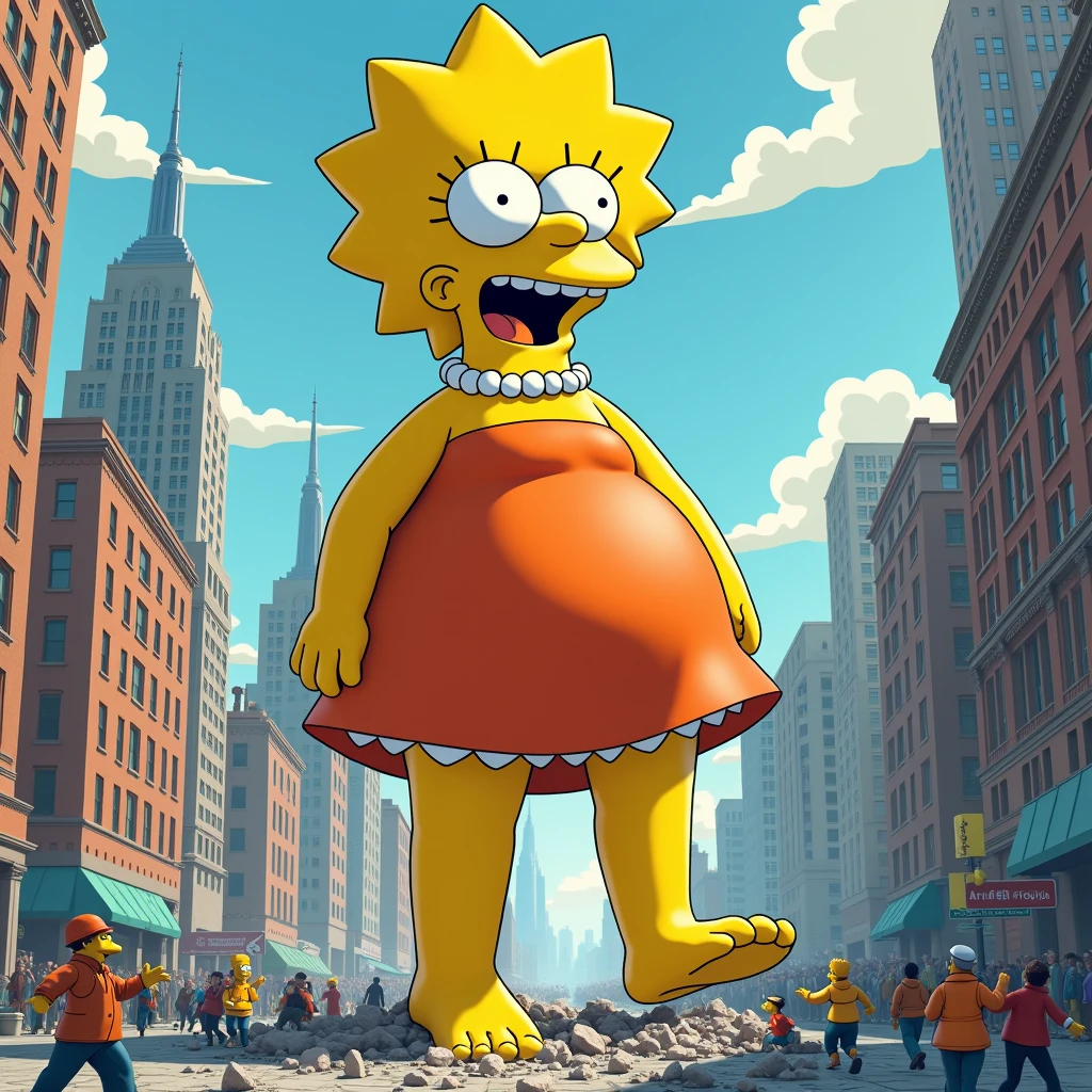 Lisa Simpsons on the street of a small street full of houses, Lisa on the street, NUDE, sexly, leaking pee from clitoris 