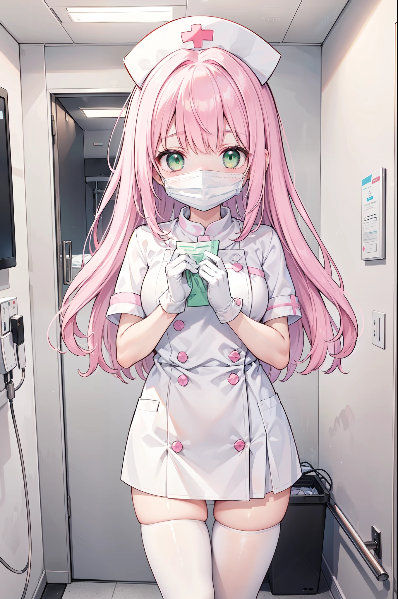 1woman, solo, nurse, white nurse cap, white nurse uniform, ((white legwear, zettai ryouiki)), white gloves, pink hair, green eyes, drooping eyes, ((white surgical mask, covered nose)), standing, ((hospital room)), sharp outline, short sleeves, mature female, 32 years old, best quality, masterpiece