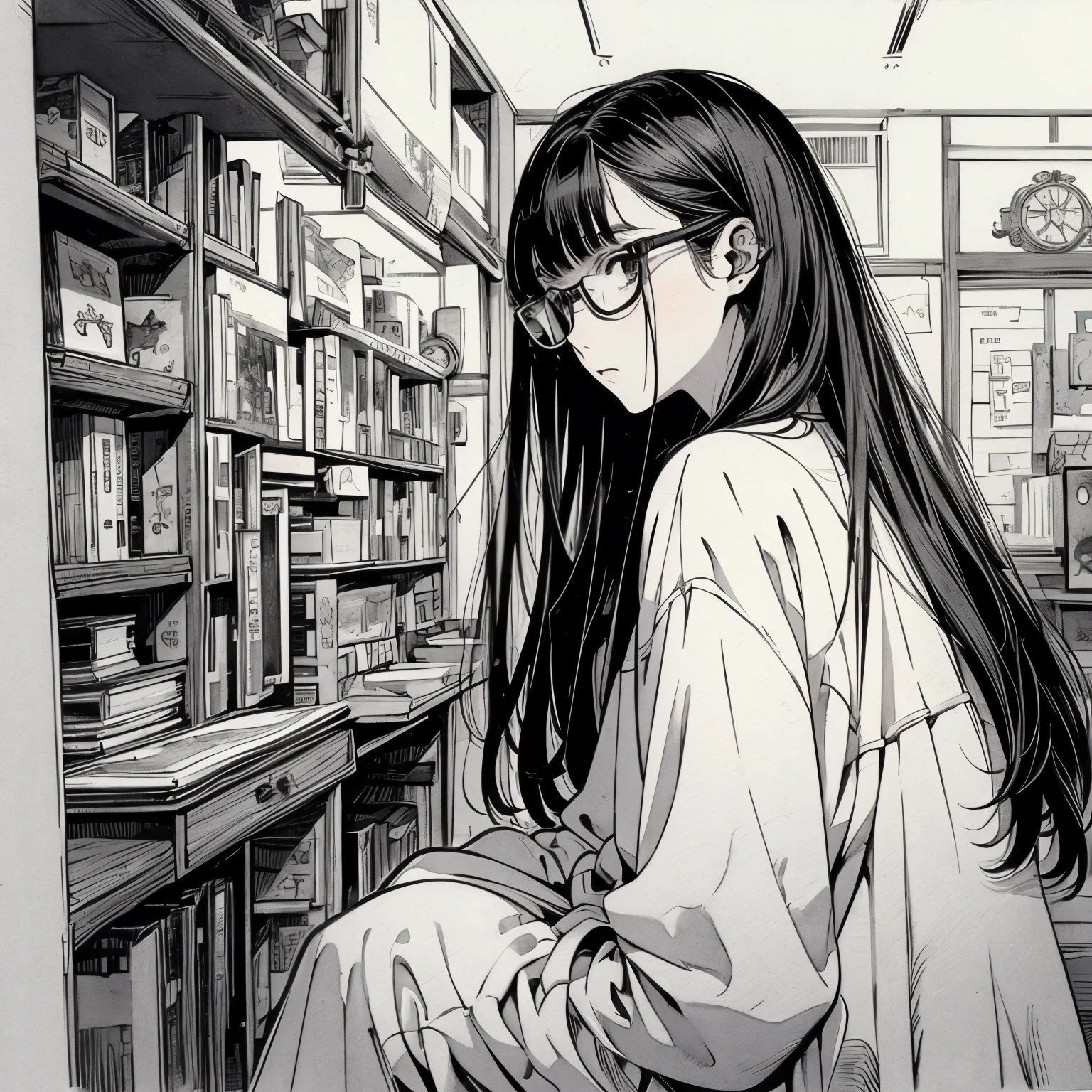 Anime girl sitting on a chair in a library with books - SeaArt AI