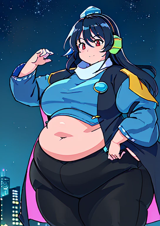 ((best quality, 4k, 8k, anime girl, masterpiece)), ((((beautiful extremely detailed face)))), ((beautiful eyes)), red eyes, ((hard skin)), cinematic lighting, ((perfect anatomy)), (((chubby, SSBBW, tall, small face, big belly, (round belly), (((extremely wide waist, extremely wide breasts))), skinny arms, thick legs, huge breasts))), (full body view), ((thick outlines, anime style, neon colours)), (((megumu izunamaru))), (((fully clothed, white scarf, blue jacket, black pants, black cape))), (((long dark blue hair, bangs))), sharp smile, (city lights, starry sky), (((dignified pose))), (((tokin hat, RGB headphones))),