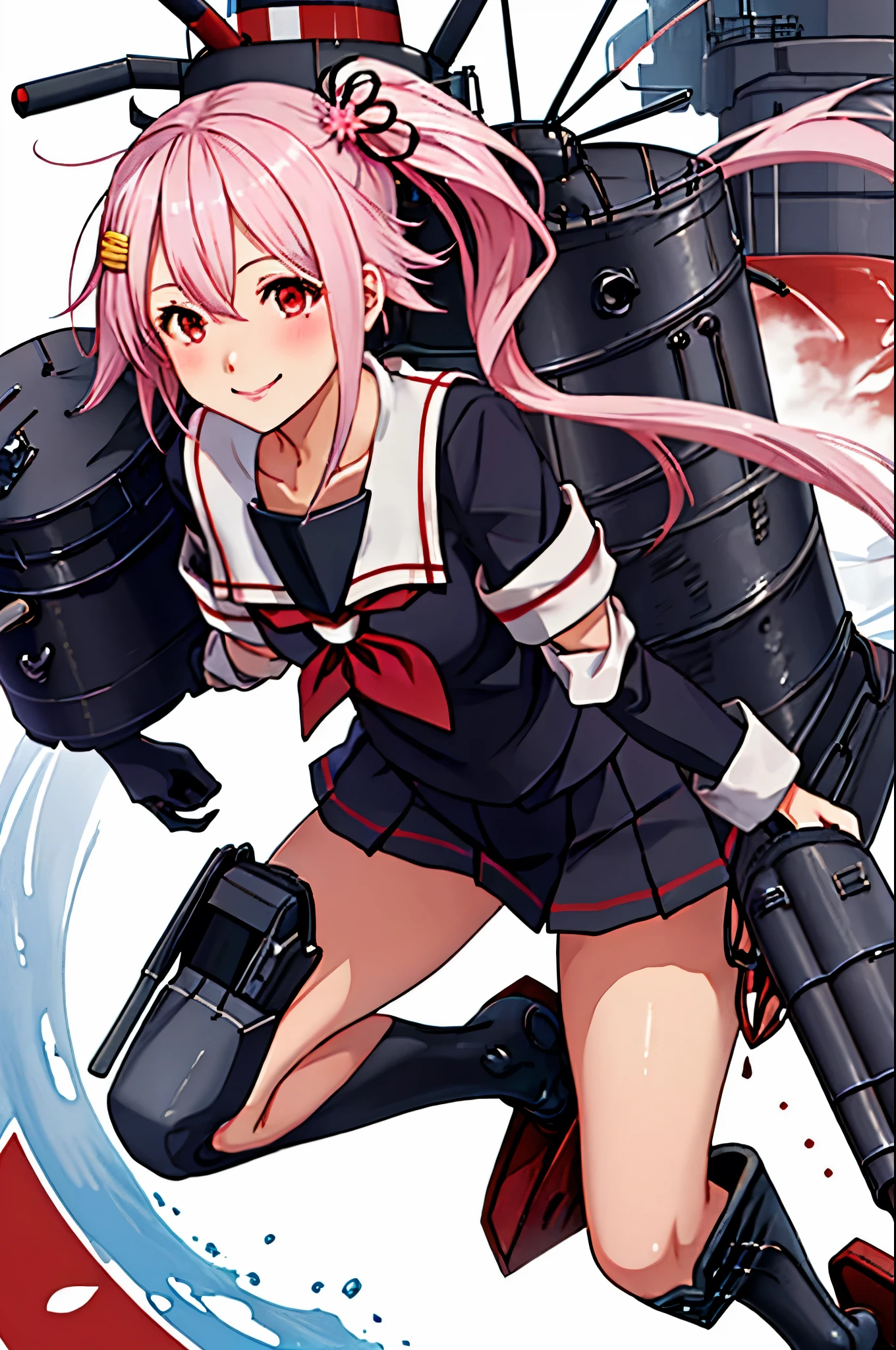 masterpiece, High resolution, 1 girl, (Harusame Kai Ni Kantai Collection:1.15), Red eyes,  smile, Pink Hair, Side Ponytail, Full body view, Slender body, Flat Chest, Small breasts, (White background)