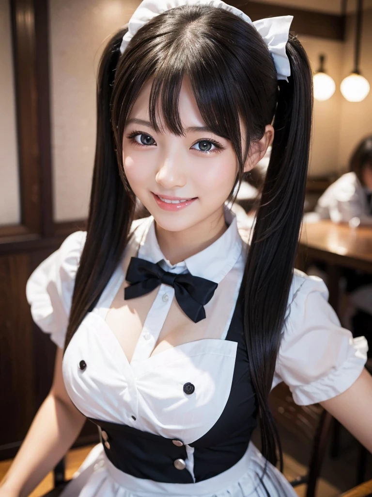 8k, High resolution, Very detailed, Realistic,pretty girl, ,The best smile,Maid uniform,Small Bust,Slender body,Idol,akihabara,Tokyo,Maid Cafe,Very cute,Twin tails,magic,Black Hair,play,