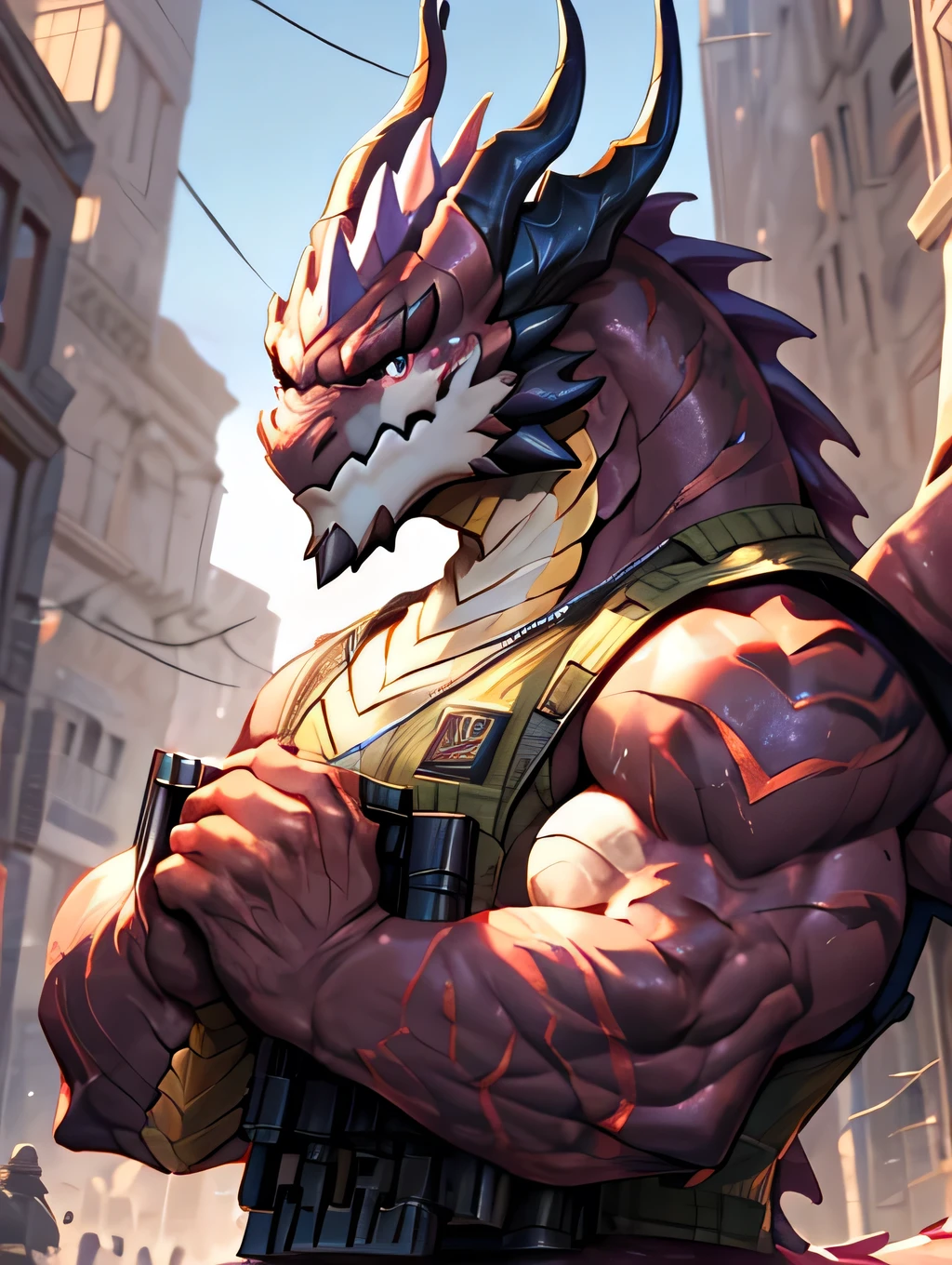 (dragon), Two colors, Scars on the face, Wearing sunglasses,Necklace hanging around the neck,(muscular body:1.3), Scars on the face, Handsome, OK,(Scars on the face), On the Street,(Express),(City background),(Scars on the face:1.2),Look at the screen,(dragon horn),(dragon tail),Perfect masterpiece,(16k),Casual Wear,Solitary,((Strong)),,(Fingers crossed),(dick:1.2),Perfect proportions,forward,Fingers crossed,sweat,(Fingers crossed:1.5),(handheld:1.3),(Fierce expression:1.2),(Imagine:1.5),(with rifle in hands:1.8),Strong,muscle,with dragon wings,more details,CG,(dragon), trunk,((handheld)), (Bulletproof vest)),Serious expression