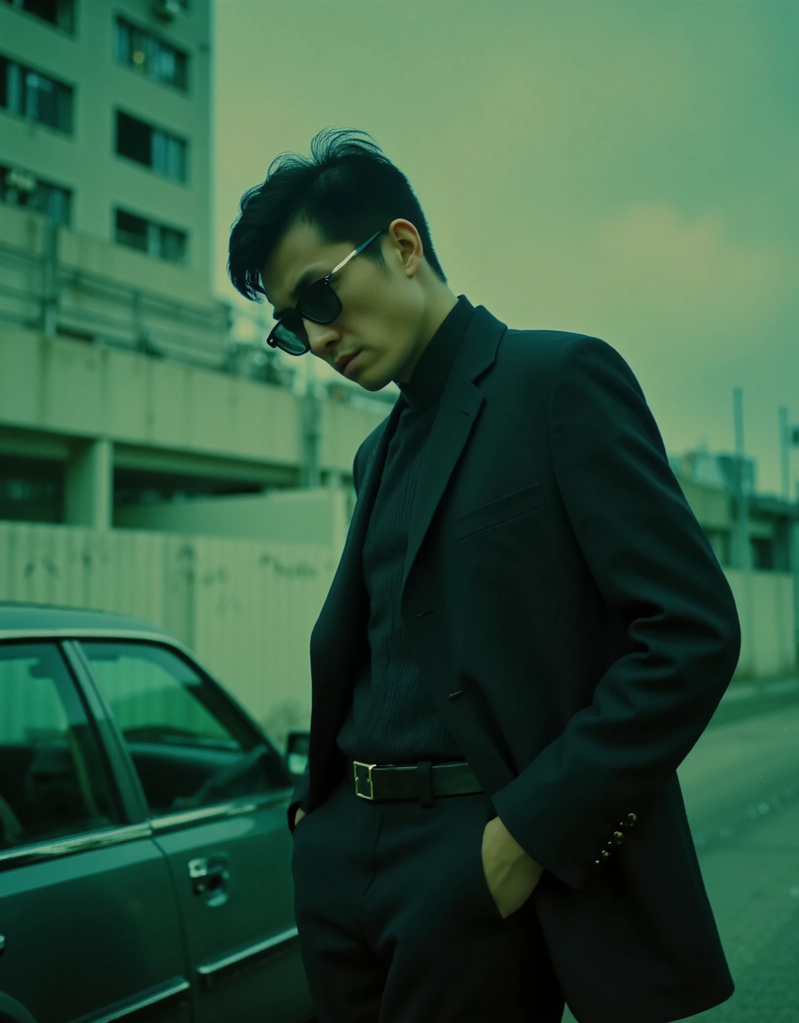 cinematography, realistic, retro, film grain, Wong Kar-Wai, dark, green theme, solo, a middle age man in black suit and black sunglasses, stern expression, hand in pocket, he leaning against a car, blurry, bokeh