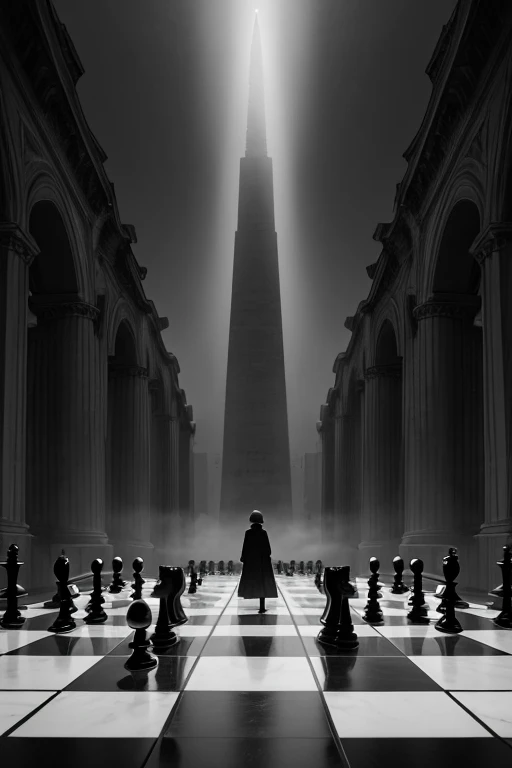 "An enchanting black-and-white scene of a small child standing alone on a giant chessboard, surrounded by towering, oversized chess pieces. The child, dwarfed by the massive figures, stands at the center, creating a sense of awe and wonder. The high-contrast black-and-white palette emphasizes the surreal scale, with intricate shadows cast by the monumental pieces. A thick, mystical fog curls around the chessboard, adding a layer of mystery and intrigue, as if the game itself holds some otherworldly power."