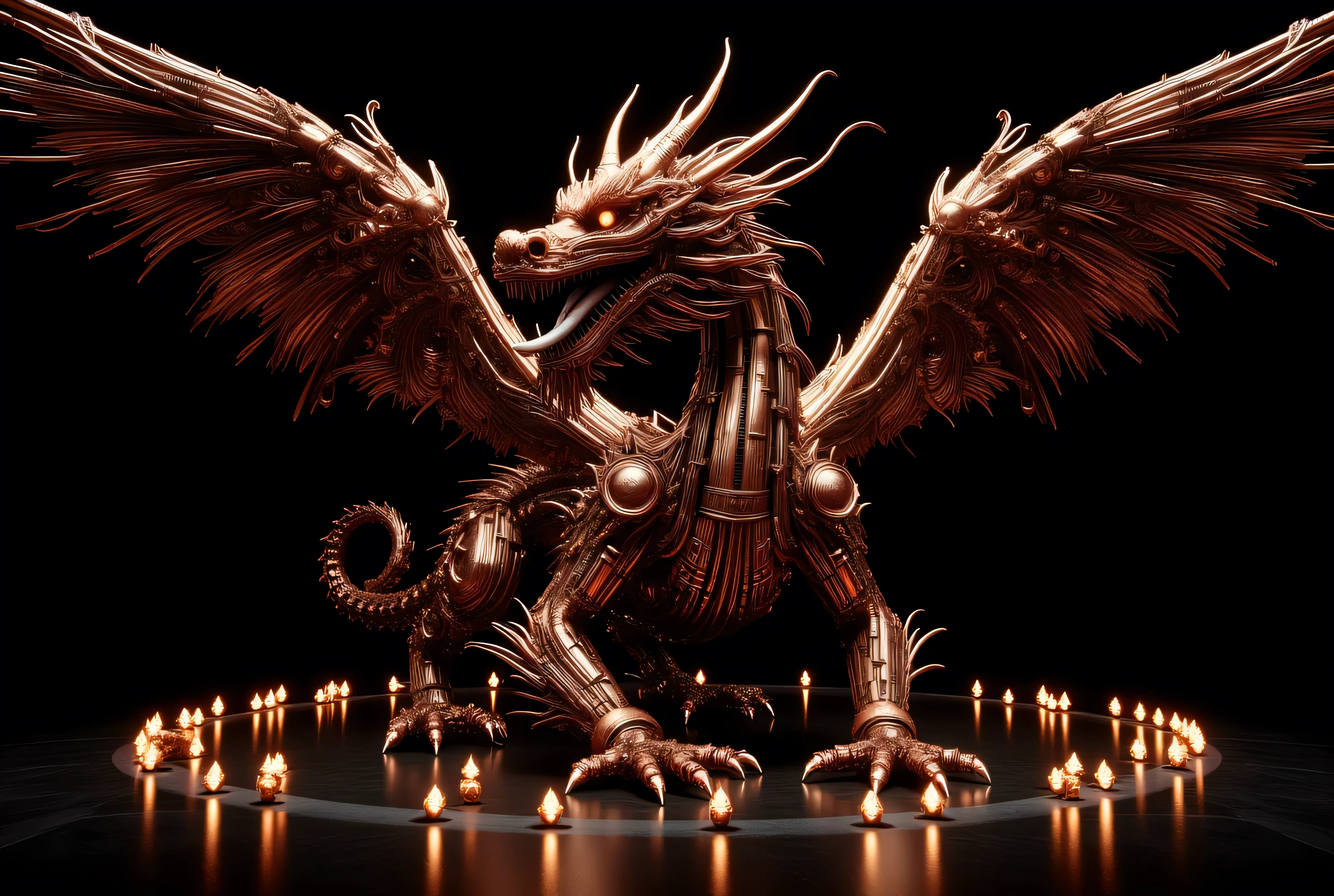 a majestic creature set against a dark almost black background. The creature is depicted in an elaborate ornate design, with intricate metallic patterns covering its entire body. The scales are crafted with a mix of gold and bronze tones, giving the dcreature a regal and imposing appearance. Its wings are spread wide, showcasing a complex network of veins and membranes, adding to the creature's grandeur. The creature's eyes glow with an intense fiery red, emphasizing its fierce and powerful demeanor. The creature's mouth is open revealing sharp menacing teeth, and its long forked tongue is extended. The creature's body is muscular and robust, with strong clawed feet firmly planted on a reflective metallic surface that mirrors the creature's form. Surrounding the creature are numerous small glowing orbs resembling candles, scattered across the floor, adding a sense of warmth and light to the otherwise dark and ominous scene. The lighting in the image is soft but dramatic, casting subtle shadows that enhance the creature's texture and detail. The overall style is highly realistic and detailed, capturing the essence of a mythical creature in a visually striking manner.