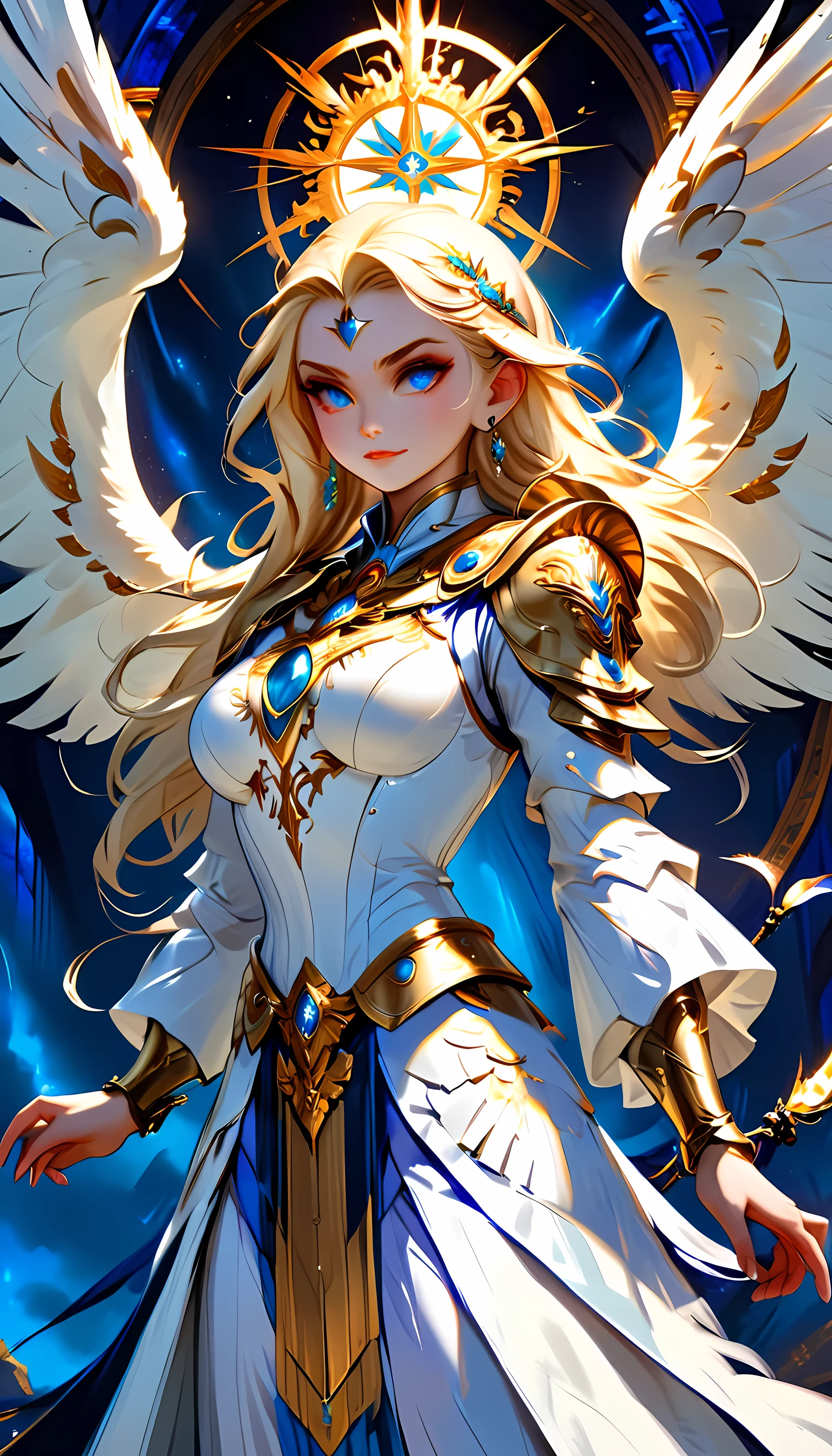 arafed, dnd art, female aasimar, (Masterpiece intense details), paladin, holy warrior, full body, large angelic wings, white angelic wings spread (Masterpiece intense details), fantasy temple background,  16k, ultra detailed, masterpiece, best quality, (extremely detailed),  panoramic view,  moon light, moon, stars, clouds, wearing white armor (Masterpiece, intense details: 1.3), wearing high heeled boots, shining holy symbol, armed with radiant sword, blond hair, ultra feminine, best detailed face, (Masterpiece  best quality: 1.3), anatomically correct (Masterpiece , intense details: 1.5), determined face, god rays, cinematic lighting, glowing light, silhouette, from outside, photorealism, panoramic view (Masterpiece 1.3, intense details) , Wide-Angle, 16k, highres, best quality, high details, fflix_ufantasy