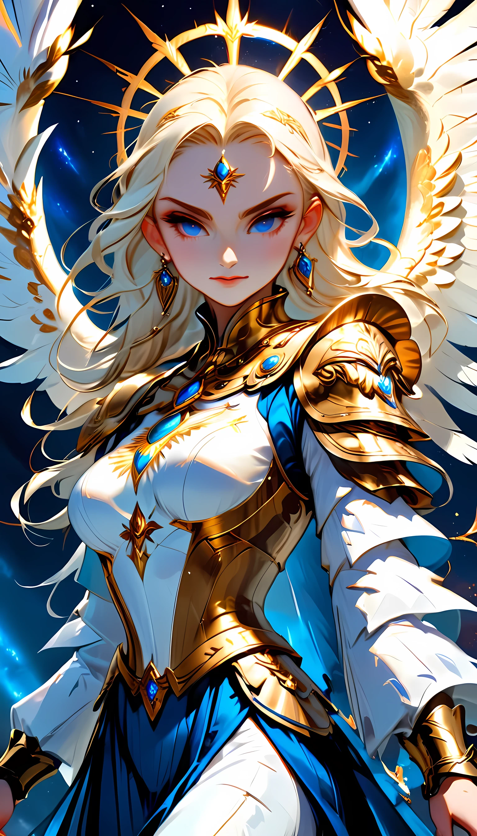 arafed, dnd art, female aasimar, (Masterpiece intense details), paladin, holy warrior, full body, large angelic wings, white angelic wings spread (Masterpiece intense details), fantasy temple background,  16k, ultra detailed, masterpiece, best quality, (extremely detailed),  panoramic view,  moon light, moon, stars, clouds, wearing white armor (Masterpiece, intense details: 1.3), wearing high heeled boots, shining holy symbol, armed with radiant sword, blond hair, ultra feminine, best detailed face, (Masterpiece  best quality: 1.3), anatomically correct (Masterpiece , intense details: 1.5), determined face, god rays, cinematic lighting, glowing light, silhouette, from outside, photorealism, panoramic view (Masterpiece 1.3, intense details) , Wide-Angle, 16k, highres, best quality, high details, fflix_ufantasy