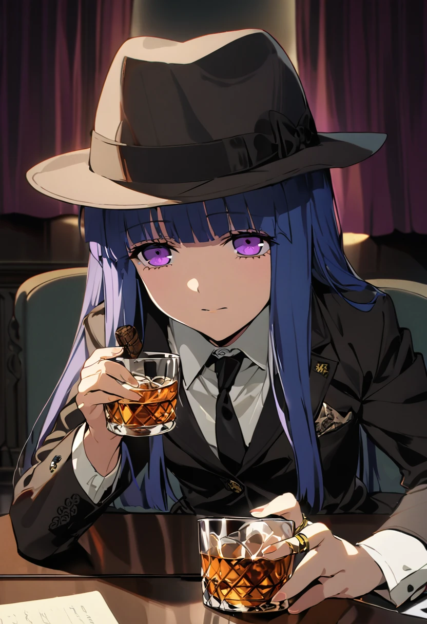 Furude Rika, Female, Alone, mafia, blue hair, purple eyes, Fedora hat, Dimly lit room, Hold a cigar, Luxury suits, sit behind a large desk, His expression is calm but his eyes are sharp., Gold Ring, An office with old-fashioned decor, Heavy curtains, Artwork behind, Glass of whiskey in hand