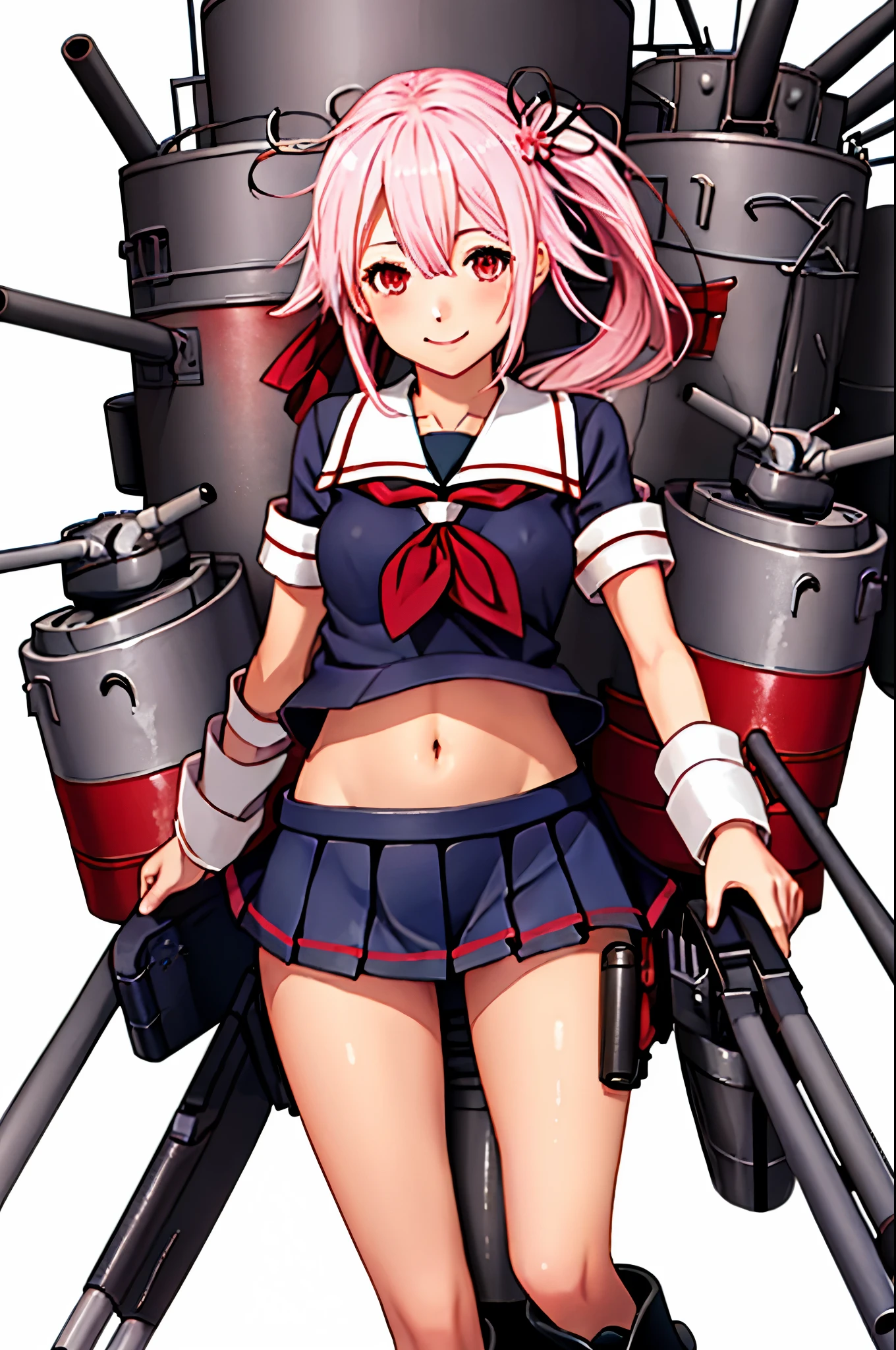 masterpiece, High resolution, 1 girl, (Harusame Kai Ni Kantai Collection:1.15), Red eyes,  smile, Pink Hair, Side Ponytail, Full body view, Slender body, Flat Chest, Small breasts, (White background)