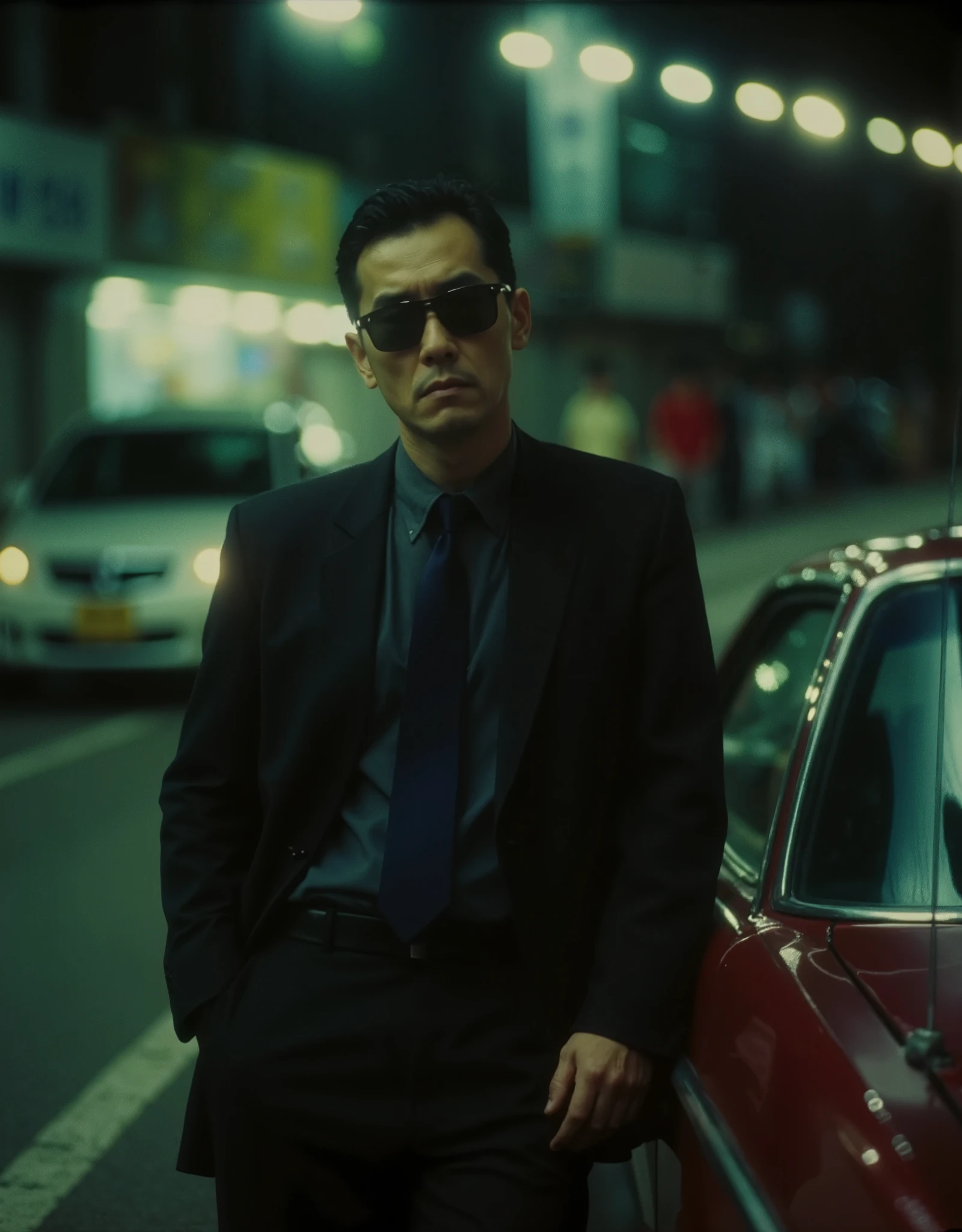 cinematography, realistic, retro, film grain, Wong Kar-Wai, dark lighting, solo, a middle age man in black suit and black sunglasses, stern expression, hand in pocket, he leaning against a car, blurry, bokeh