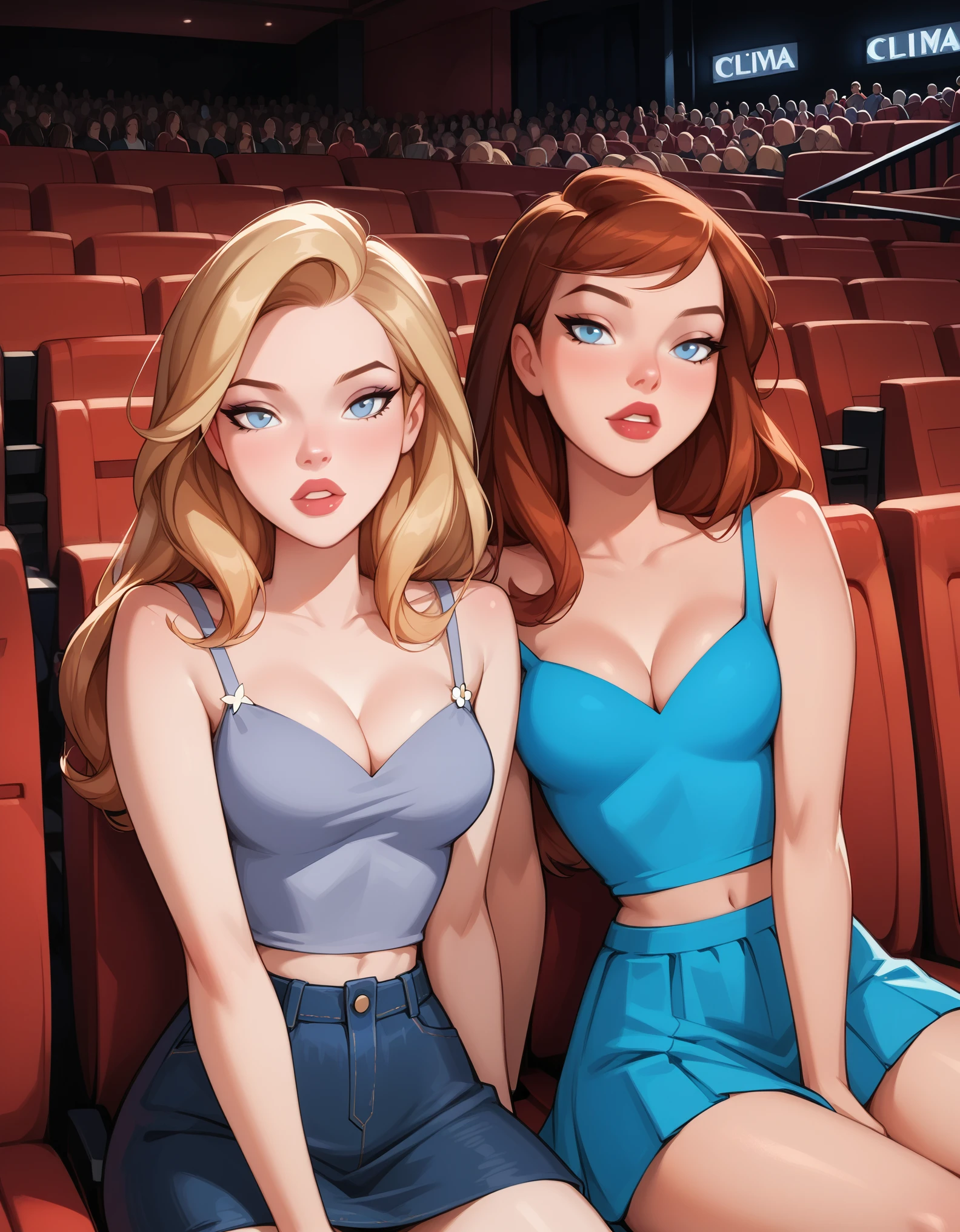 score_9, score_8_up, score_7_up, dcaustyle, source_cartoon, 2girls, duo, (Kara Zor-El, blonde:1.3) and (Barbara Gordon, reddish brown hair:1.2), wearing sexy casual skirt and top, bare arms, bare shoulders, cleavage, midriff, flirt, gaze, sexy look, half-closed eyes, head tilt, filled lips, thick lips, makeup, in a (movie theater, cinema, large crowd, no empty seats:1.4), sitting next to one another enjoying the movie, drinks, romantic date, in love, expressiveh d4rk01l, perfect hands, perfect proportions, POV.