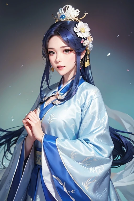 Woman in blue and white dress with flowers in her hair, Hanfu, palace, girl in Hanfu, blue Hanfu, white Hanfu, Ancient Chinese Costume을 입고 있습니다., ((Beautiful Fantasy Queen)), ancient Chinese princess, Chinese style, Traditional Chinese Costume, Ancient Chinese Costume, Beautiful Fantasy Queen, Chinese princess, Traditional beauty,big breasts