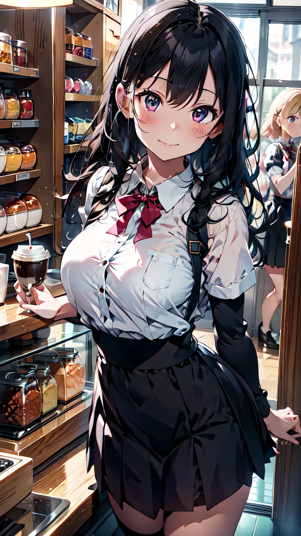 high, ultra detailed, (1girl:1.3), (dynamic pose):1.0 INTERVAL, imagem de cowboy, top angle, ((1 extremely cute and cute coffee girl standing at the coffee counter)), box, wearing a gothic ta maid's outfit, collared shirt and a long pleated green skirt at knee length, black apron, She has two-tailed blonde hair, red hair ribbons, gigantic chest, until, abs, chibi-character, 6 natural size, detailed clothes, detailed body, Detailed arms, human hands, detailed hands, Blush, embarrassed, light smile, happy, ,light smile, mouth closed, PINK LIPSTICK, surprised, looking at the viewer, facing the viewer, Beautiful model pose, extremely leaning forward towards the viewer, hands on the stomach, studio soft light, Cinematic light, Detailed background, symmetric, hyper-realistic, highly detailed, intricate, Very smooth, sharp focus, Redshift rendering, 8k, Realistic, Ultra-realistic, master part,