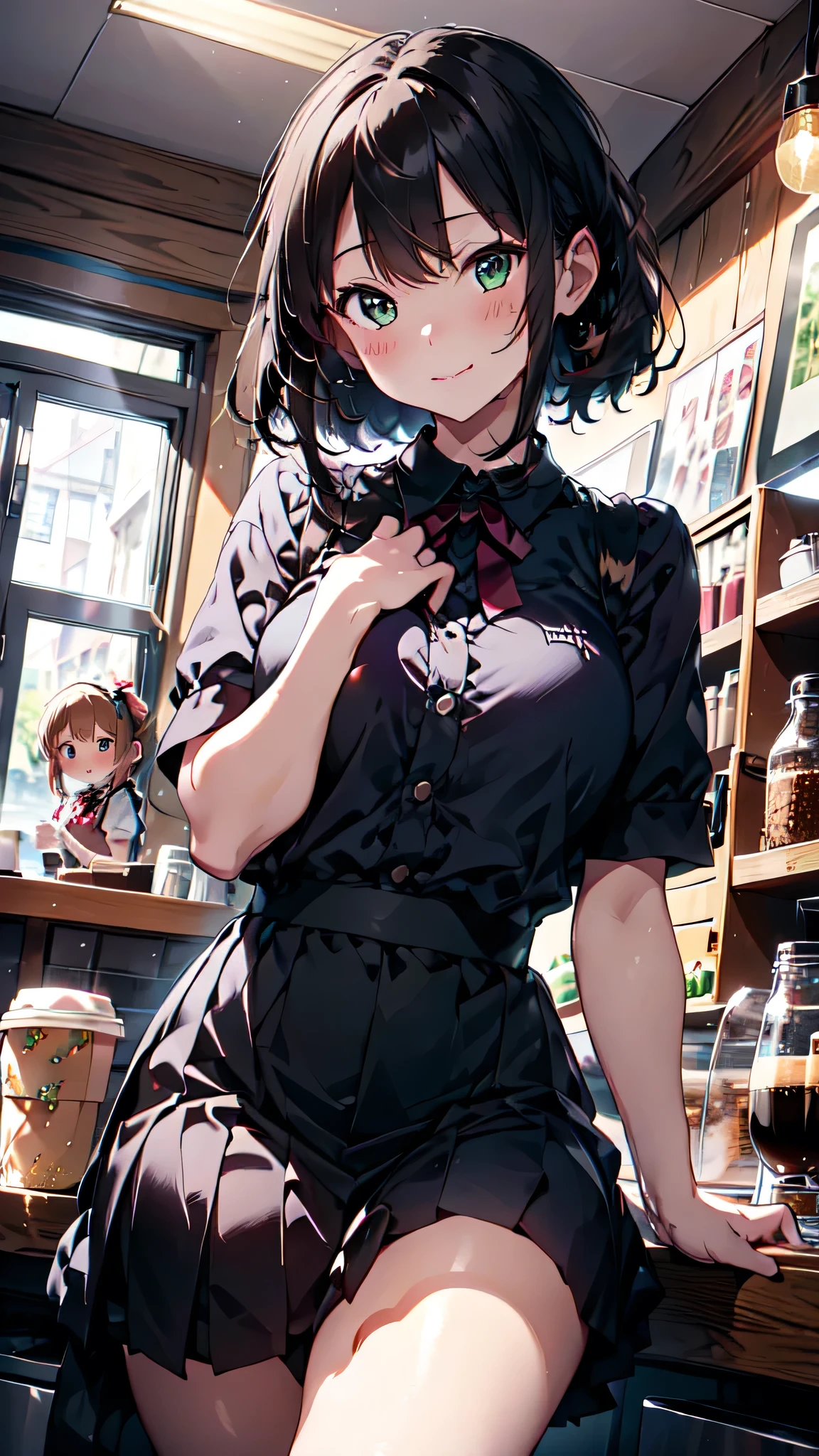 high, ultra detailed, (1girl:1.3), (dynamic pose):1.0 INTERVAL, imagem de cowboy, top angle, ((1 extremely cute and cute coffee girl standing at the coffee counter)), box, wearing a gothic ta maid's outfit, collared shirt and a long pleated green skirt at knee length, black apron, She has two-tailed blonde hair, red hair ribbons, gigantic chest, until, abs, chibi-character, 6 natural size, detailed clothes, detailed body, Detailed arms, human hands, detailed hands, Blush, embarrassed, light smile, happy, ,light smile, mouth closed, PINK LIPSTICK, surprised, looking at the viewer, facing the viewer, Beautiful model pose, extremely leaning forward towards the viewer, hands on the stomach, studio soft light, Cinematic light, Detailed background, symmetric, hyper-realistic, highly detailed, intricate, Very smooth, sharp focus, Redshift rendering, 8k, Realistic, Ultra-realistic, master part,