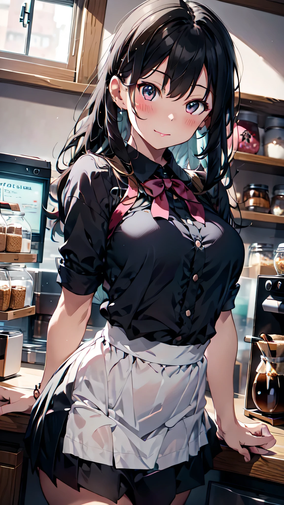 high, ultra detailed, (1girl:1.3), (dynamic pose):1.0 INTERVAL, imagem de cowboy, top angle, ((1 extremely cute and cute coffee girl standing at the coffee counter)), box, wearing a gothic ta maid's outfit, collared shirt and a long pleated green skirt at knee length, black apron, She has two-tailed blonde hair, red hair ribbons, gigantic chest, until, abs, chibi-character, 6 natural size, detailed clothes, detailed body, Detailed arms, human hands, detailed hands, Blush, embarrassed, light smile, happy, ,light smile, mouth closed, PINK LIPSTICK, surprised, looking at the viewer, facing the viewer, Beautiful model pose, extremely leaning forward towards the viewer, hands on the stomach, studio soft light, Cinematic light, Detailed background, symmetric, hyper-realistic, highly detailed, intricate, Very smooth, sharp focus, Redshift rendering, 8k, Realistic, Ultra-realistic, master part,