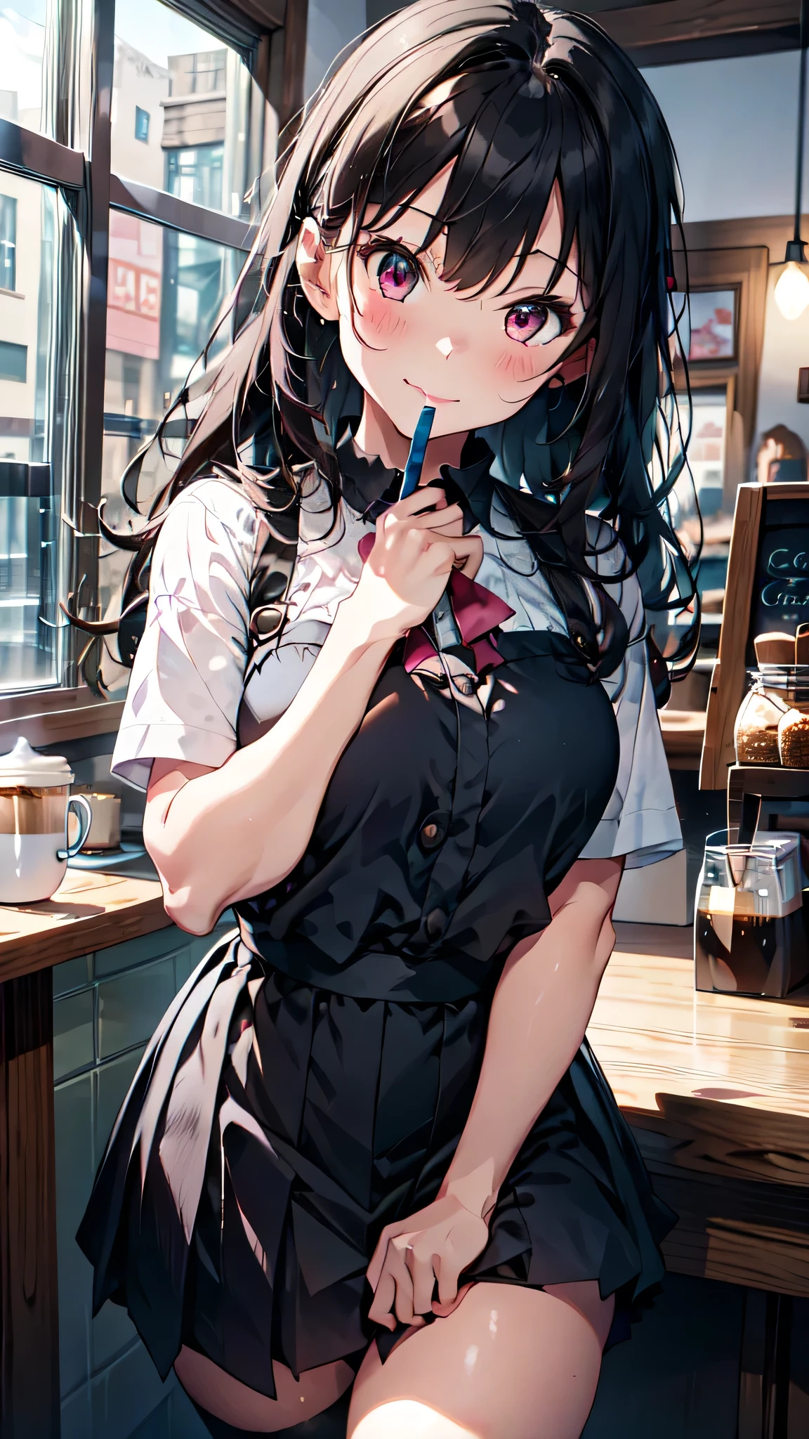 high, ultra detailed, (1girl:1.3), (dynamic pose):1.0 INTERVAL, imagem de cowboy, top angle, ((1 extremely cute and cute coffee girl standing at the coffee counter)), box, wearing a gothic ta maid's outfit, collared shirt and a long pleated green skirt at knee length, black apron, She has two-tailed blonde hair, red hair ribbons, gigantic chest, until, abs, chibi-character, 6 natural size, detailed clothes, detailed body, Detailed arms, human hands, detailed hands, Blush, embarrassed, light smile, happy, ,light smile, mouth closed, PINK LIPSTICK, surprised, looking at the viewer, facing the viewer, Beautiful model pose, extremely leaning forward towards the viewer, hands on the stomach, studio soft light, Cinematic light, Detailed background, symmetric, hyper-realistic, highly detailed, intricate, Very smooth, sharp focus, Redshift rendering, 8k, Realistic, Ultra-realistic, master part,