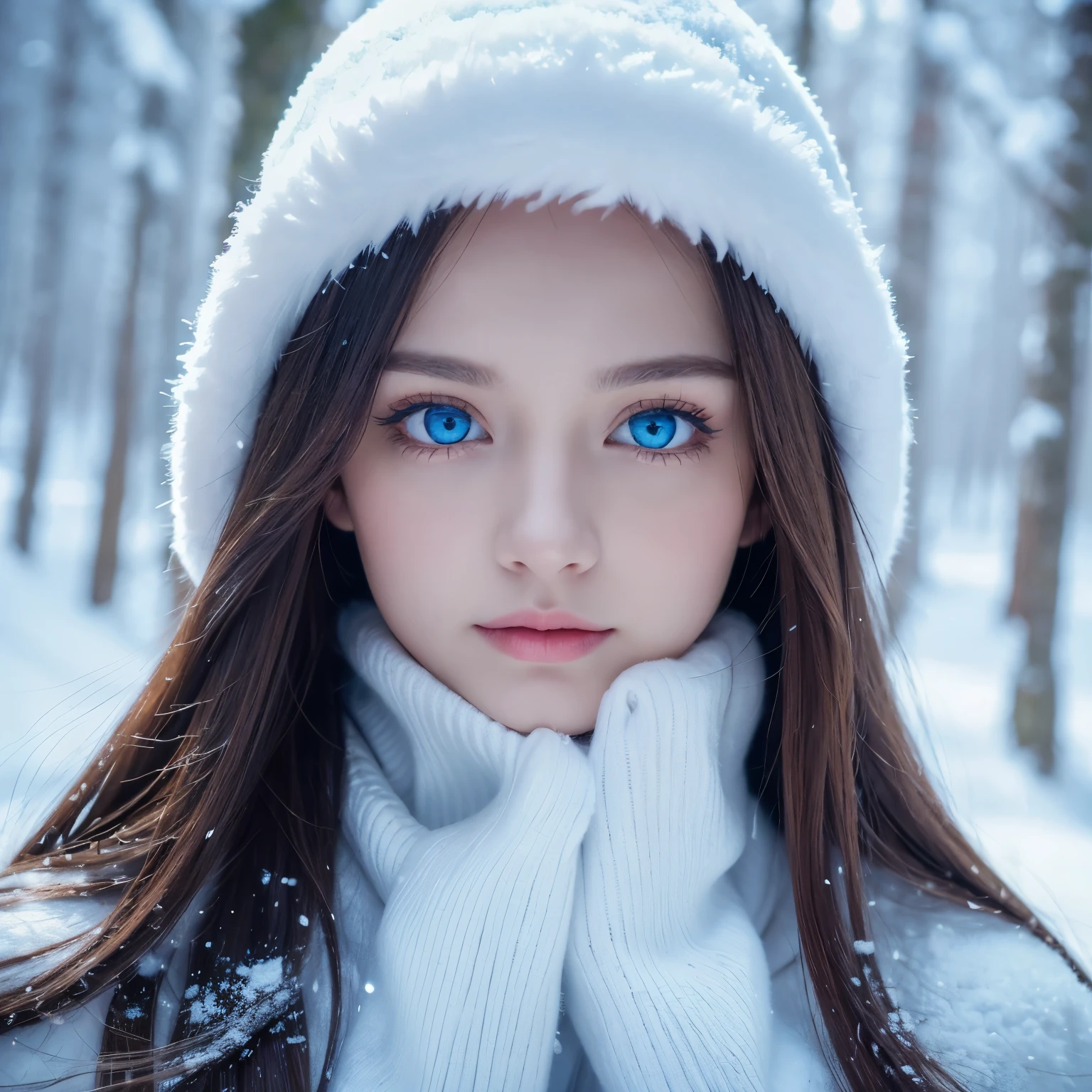 portrait, high quality, Ukrainian  fairy winter snow In the forest through the trees About , Blue Eyes, Smooth skin, ((Best quality, 8K, masterpiece :1.3)), 1 Girl, Beautiful Girl , Casual wear :1.2, In the forest, Ultra detailed face, Detailed eyes, Double eyelids