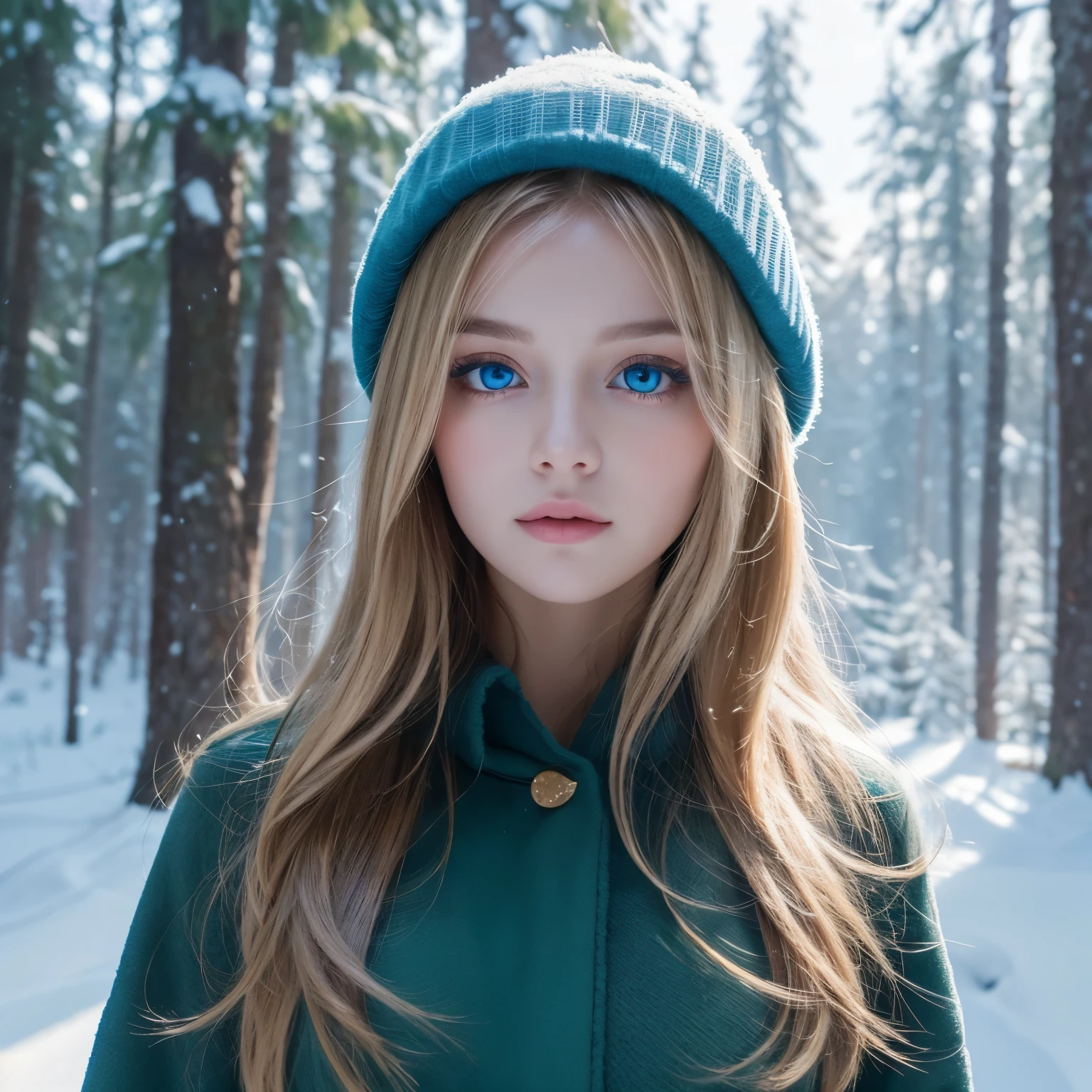 portrait, high quality, Ukrainian  fairy winter snow In the forest through the trees About , Blue Eyes, Smooth skin, ((Best quality, 8K, masterpiece :1.3)), 1 Girl, Beautiful Girl , Casual wear :1.2, In the forest, Ultra detailed face, Detailed eyes, Double eyelids