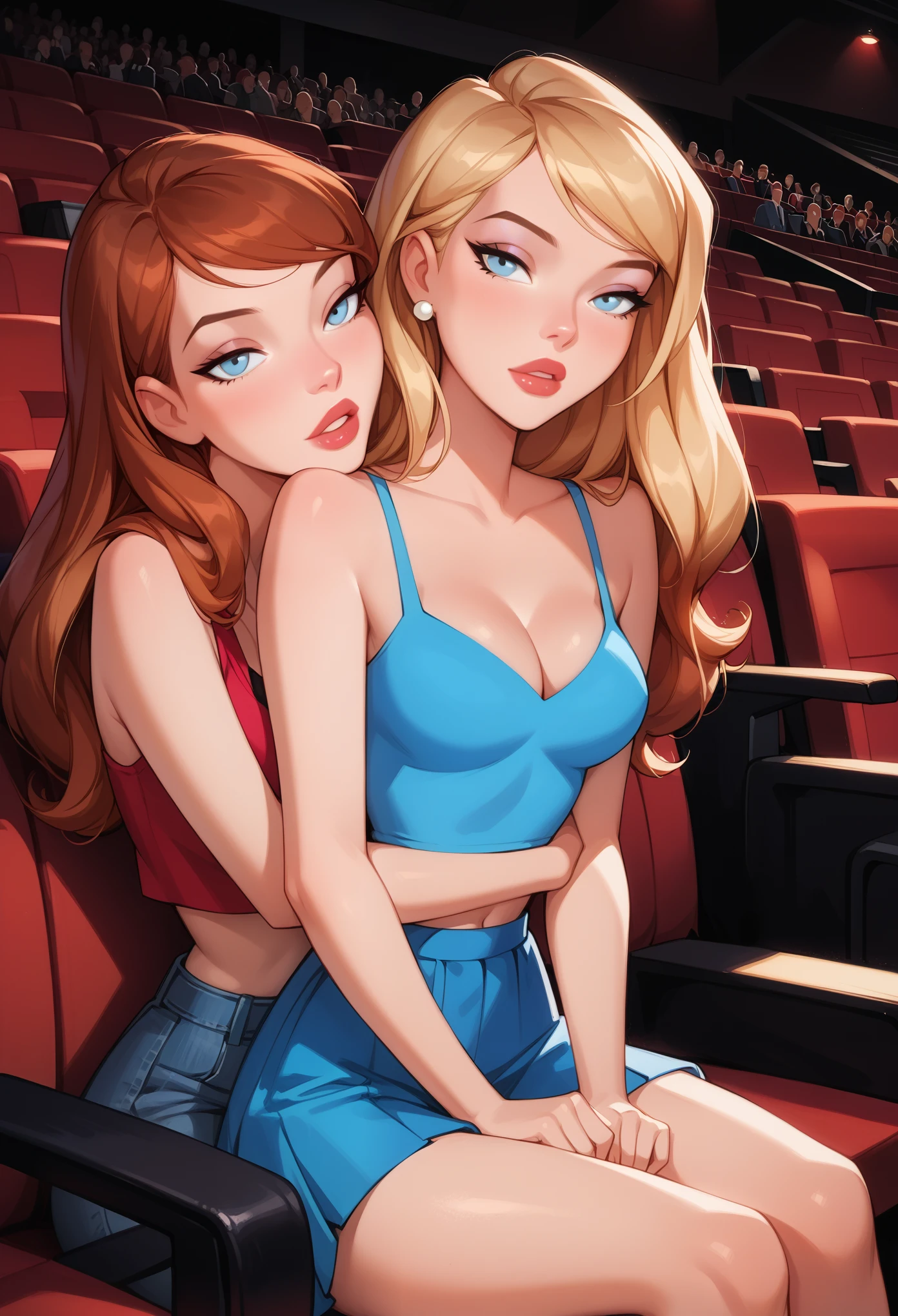 score_9, score_8_up, score_7_up, dcaustyle, source_cartoon, 2girls, duo, (Kara Zor-El, blonde:1.3) and (Barbara Gordon, reddish brown hair:1.2), wearing sexy casual skirt and top, bare arms, bare shoulders, cleavage, midriff, flirt, gaze, sexy look, half-closed eyes, head tilt, filled lips, thick lips, makeup, in a (movie theater, cinema, large crowd, no empty seats:1.4), sitting next to one another enjoying the movie, drinks, romantic date, in love, expressiveh d4rk01l, perfect hands, perfect proportions, POV.