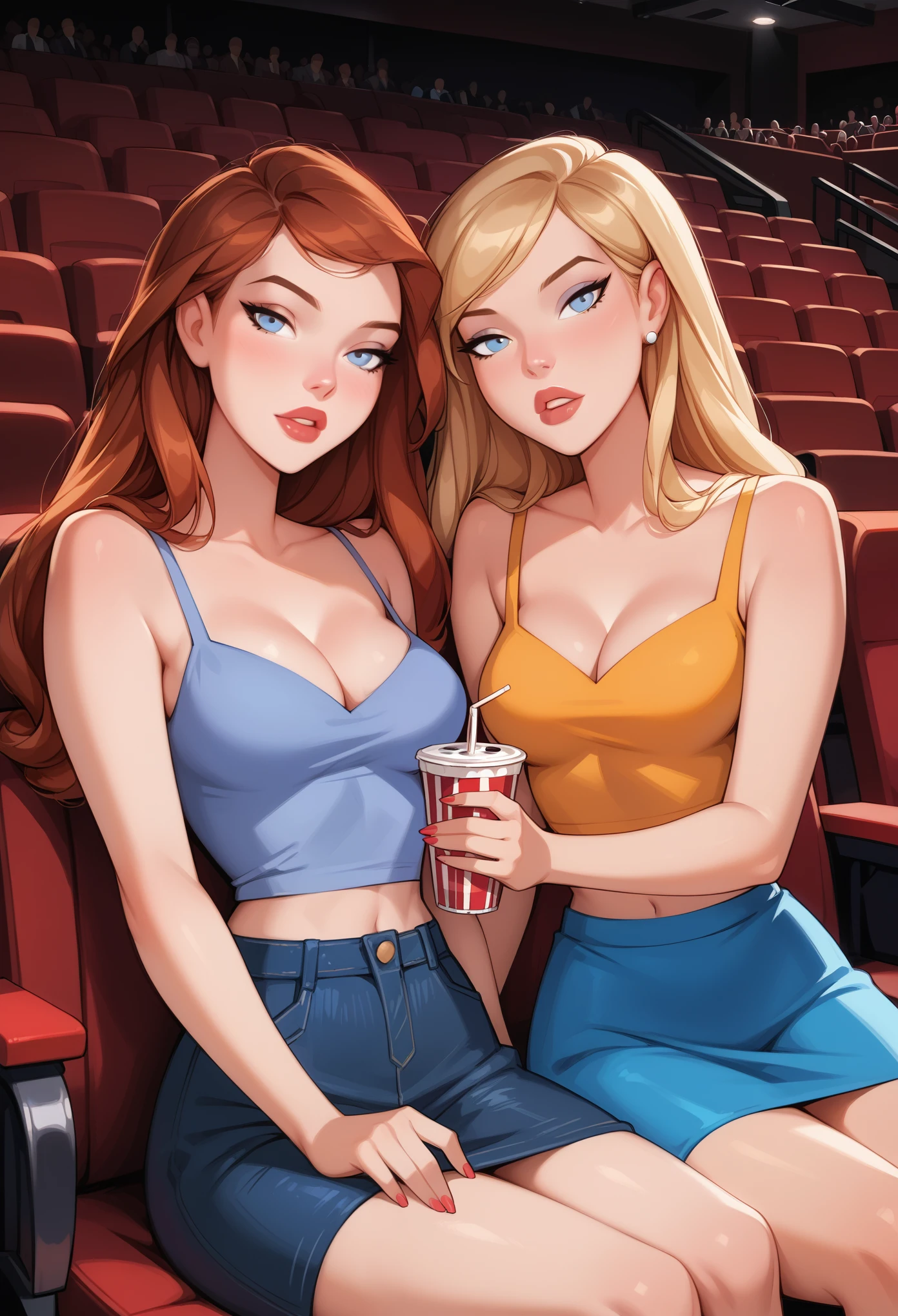 score_9, score_8_up, score_7_up, dcaustyle, source_cartoon, 2girls, duo, (Kara Zor-El, blonde:1.3) and (Barbara Gordon, reddish brown hair:1.2), wearing sexy casual skirt and top, bare arms, bare shoulders, cleavage, midriff, flirt, gaze, sexy look, half-closed eyes, head tilt, filled lips, thick lips, makeup, in a (movie theater, cinema, large crowd, no empty seats:1.4), sitting next to one another enjoying the movie, drinks, romantic date, in love, expressiveh d4rk01l, perfect hands, perfect proportions, POV.