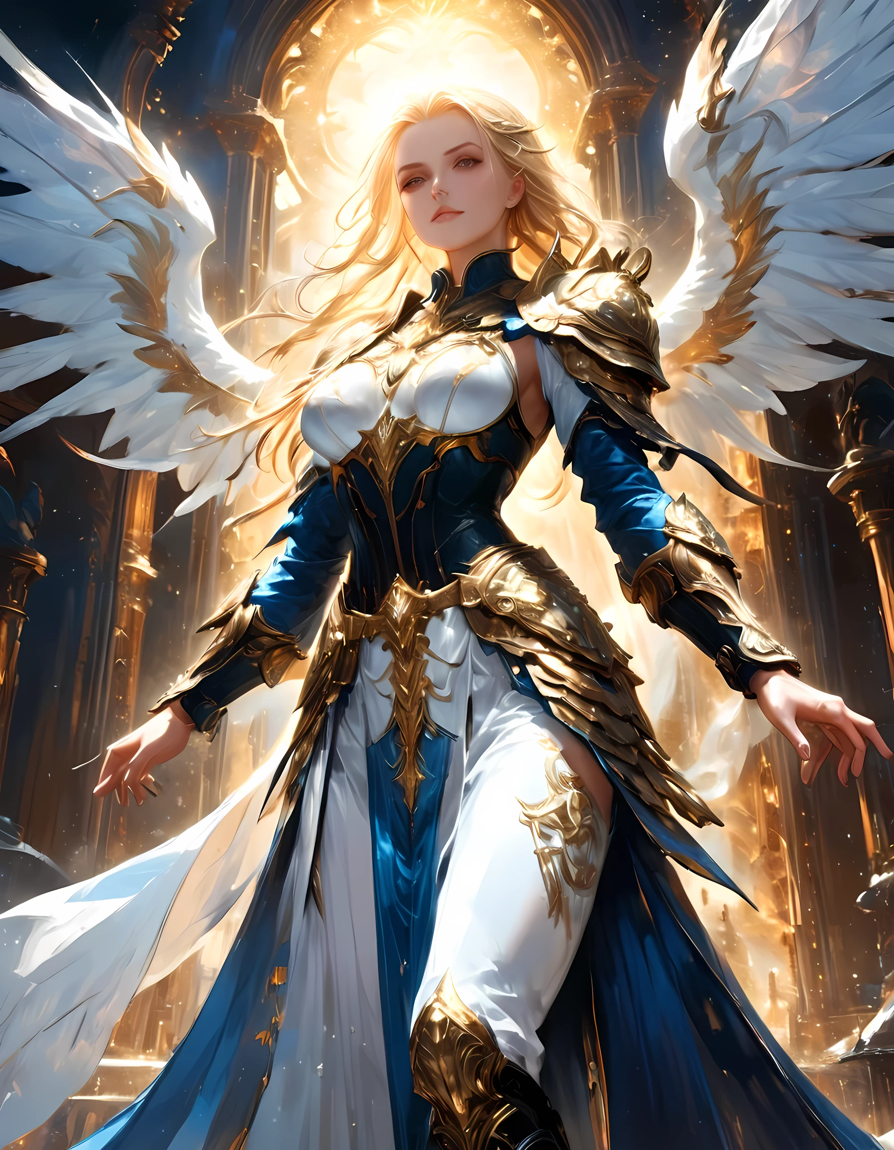 arafed, dnd art, female aasimar, (Masterpiece intense details), paladin, holy warrior, full body, large angelic wings, white angelic wings spread (Masterpiece intense details), fantasy temple background,  16k, ultra detailed, masterpiece, best quality, (extremely detailed),  panoramic view,  moon light, moon, stars, clouds, wearing white armor (Masterpiece, intense details: 1.3), wearing high heeled boots, shining holy symbol, armed with radiant sword, blond hair, ultra feminine, best detailed face, (Masterpiece  best quality: 1.3), anatomically correct (Masterpiece , intense details: 1.5), determined face, god rays, cinematic lighting, glowing light, silhouette, from outside, photorealism, panoramic view (Masterpiece 1.3, intense details) , Wide-Angle, 16k, highres, best quality, high details, drkfntasy, fflix_ufantasy