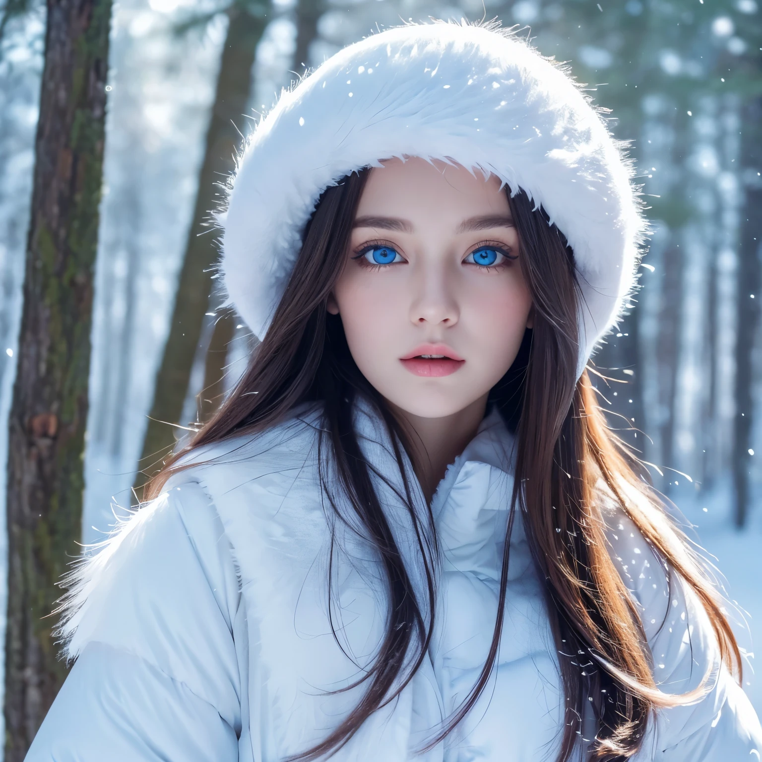 portrait, high quality, Ukrainian  fairy winter snow In the forest through the trees About , Blue Eyes, Smooth skin, ((Best quality, 8K, masterpiece :1.3)), 1 Girl, Beautiful Girl , Casual wear :1.2, In the forest, Ultra detailed face, Detailed eyes, Double eyelids