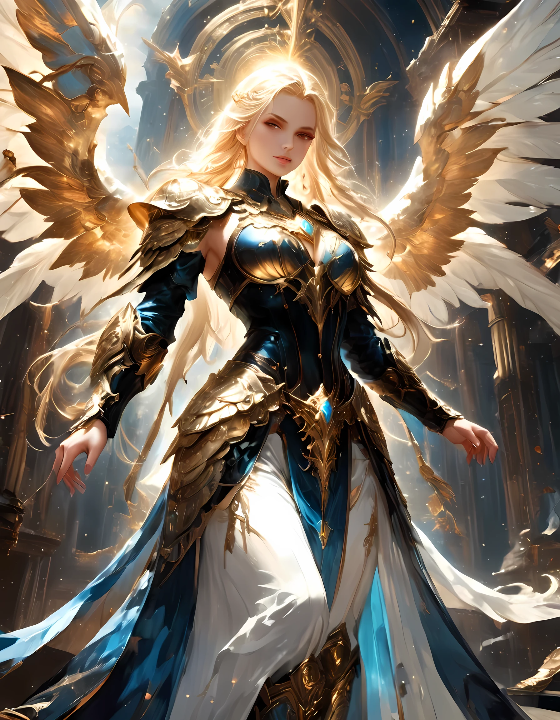 arafed, dnd art, female aasimar, (Masterpiece intense details), paladin, holy warrior, full body, large angelic wings, white angelic wings spread (Masterpiece intense details), fantasy temple background,  16k, ultra detailed, masterpiece, best quality, (extremely detailed),  panoramic view,  moon light, moon, stars, clouds, wearing white armor (Masterpiece, intense details: 1.3), wearing high heeled boots, shining holy symbol, armed with radiant sword, blond hair, ultra feminine, best detailed face, (Masterpiece  best quality: 1.3), anatomically correct (Masterpiece , intense details: 1.5), determined face, god rays, cinematic lighting, glowing light, silhouette, from outside, photorealism, panoramic view (Masterpiece 1.3, intense details) , Wide-Angle, 16k, highres, best quality, high details, drkfntasy, fflix_ufantasy