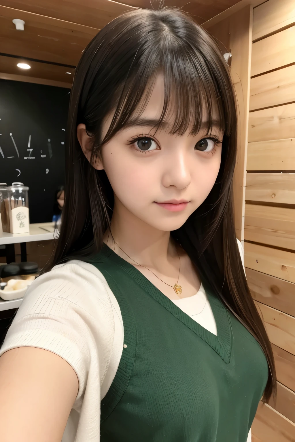 Best Quality,masterpiece,Very detailed、High resolution, Very detailed, Best Qualityのポートレート写真,Teen,Age 15,High school girl,Idol,beautiful girl, Long Hair, straight, With bangs, Black Hair,cute, cute, cute日本人女性、Very delicate and beautiful face, Big Eyes, Wide eyes, Check out this cafe cafe, indoor,Simple wall background,Woodgrain wall,Fair-skinned girl, kind,Junior high school students,Winter clothes,Long sleeve, Loungewear, red,green,cute恋人, Nipples, 18 years old,Adorable , 美しいJunior high school students, Big Eyes, 美しいHigh school girl, Selfie, Personal photo shoot,Selfieの角度,Women&#39;s Room,Idol, はにかむHigh school girl（Hmmmm）,She smiles happily at me, Natural Hair, Check pattern