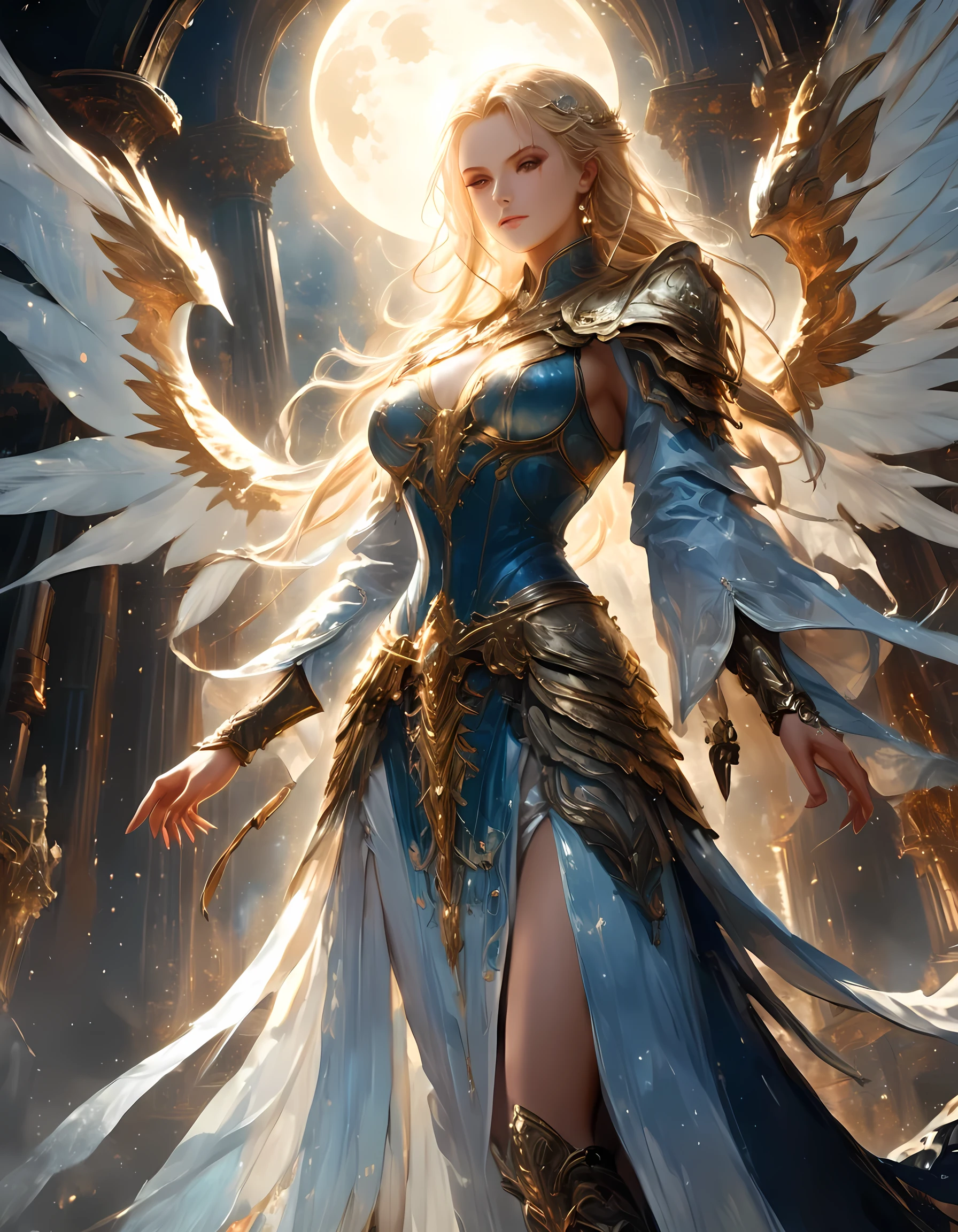 arafed, dnd art, female aasimar, (Masterpiece intense details), paladin, holy warrior, full body, large angelic wings, white angelic wings spread (Masterpiece intense details), fantasy temple background,  16k, ultra detailed, masterpiece, best quality, (extremely detailed),  panoramic view,  moon light, moon, stars, clouds, wearing white armor (Masterpiece, intense details: 1.3), wearing high heeled boots, shining holy symbol, armed with radiant sword, blond hair, ultra feminine, best detailed face, (Masterpiece  best quality: 1.3), anatomically correct (Masterpiece , intense details: 1.5), determined face, god rays, cinematic lighting, glowing light, silhouette, from outside, photorealism, panoramic view (Masterpiece 1.3, intense details) , Wide-Angle, 16k, highres, best quality, high details, drkfntasy, fflix_ufantasy